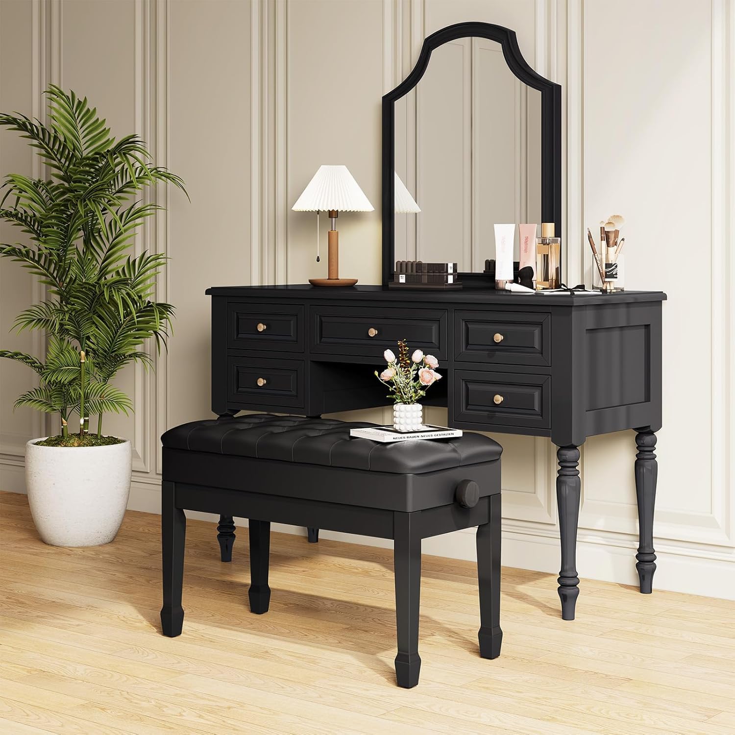 LIFERUN Doppelte Klavierbank, Lange Klavierstuhl höhenverstellbar 72 x 34 x 50 cm, Pianobank aus Verdickte PU Leder mit Stauraum, Robuste Klavierhocker aus massivem Holz mit gebogenen Beinen, Schwarz