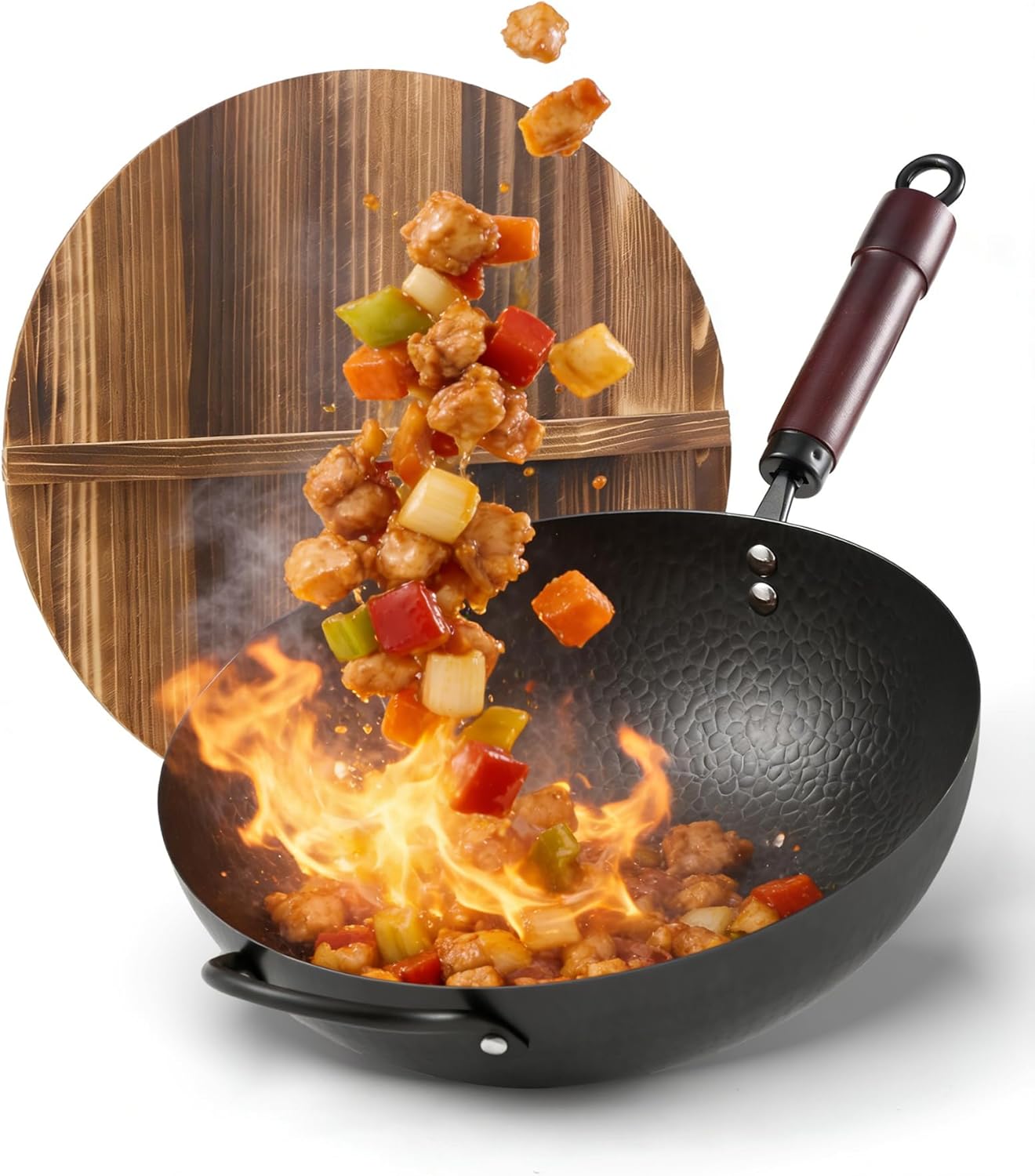 Wok Pan, Carbon Steel Wok, Woks & Stir-Fry Pans Nonstick, 13 Inch Wok Pan with Wooden Lid, Pre-Seasoned Carbon Steel Cookware, 5.8QT Flat Bottom Chinese Wok Paella Pan, Compatible with All Cooktops