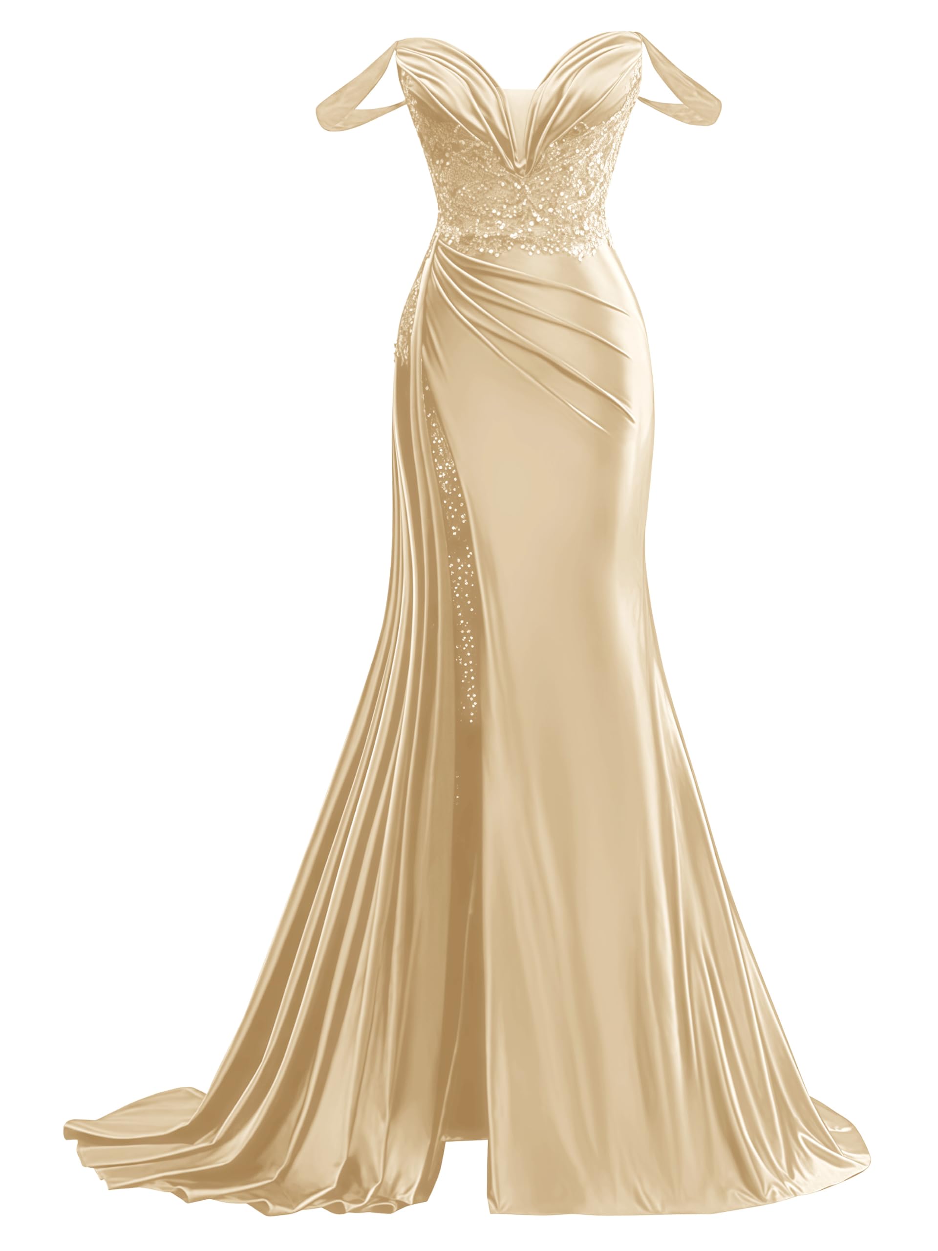 Off Shoulder Satin Prom Dresses Long 2025 Pleated Beaded Mermaid Formal Evening Gowns with Slit
