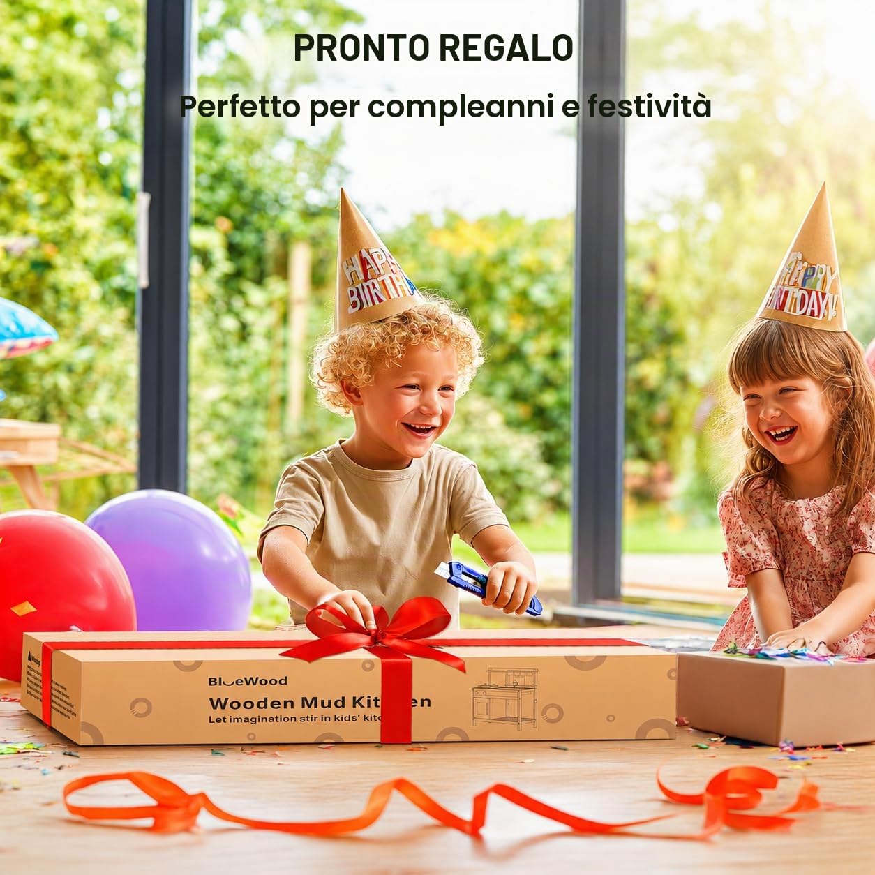 Cucina Giocattolo Montessori in Legno per Bambini | Cucina da Esterno BlueWood | Rubinetto Funzionante, Lavello Grande, Ripiani e Accessori | Gioco Educativo Sensoriale