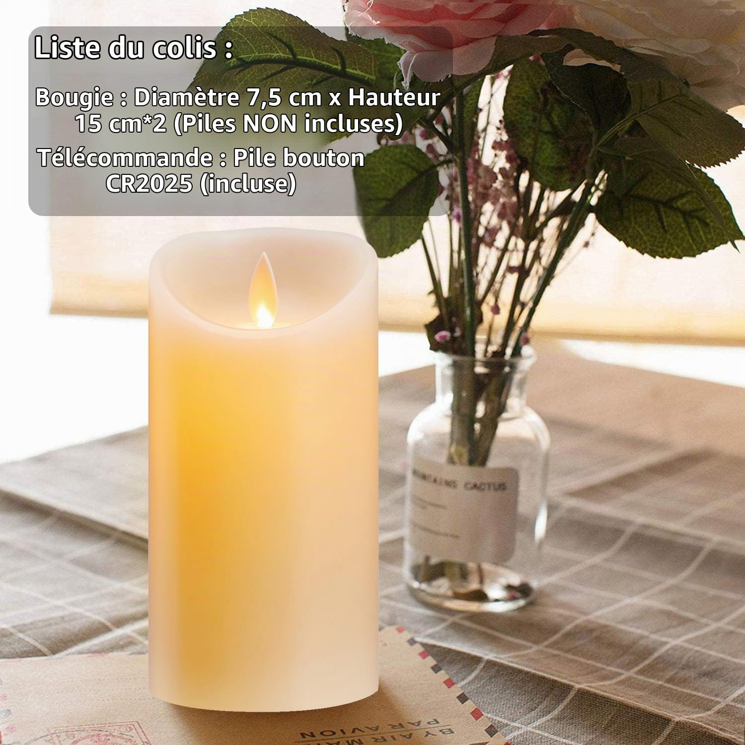 Bougie LED, 2 Paquets, Bougies LED à Piles, Bougies LED Flamme Vacillante Lumière, Bougies LED Sans Flamme, Bougies LED en Cire Véritable avec Télécommande, Bougies de Noël-7.5 * 15cm