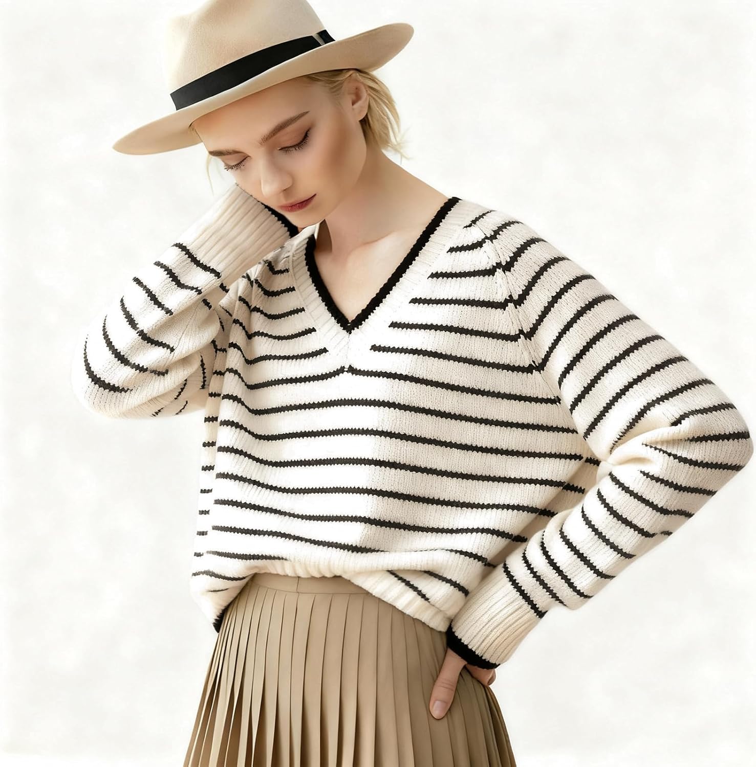 Women's Striped Knit Sweater Long Sleeve Pullover Womens V Neck Tops Classic Soft Loose for Spring Fall Winter - Image 2