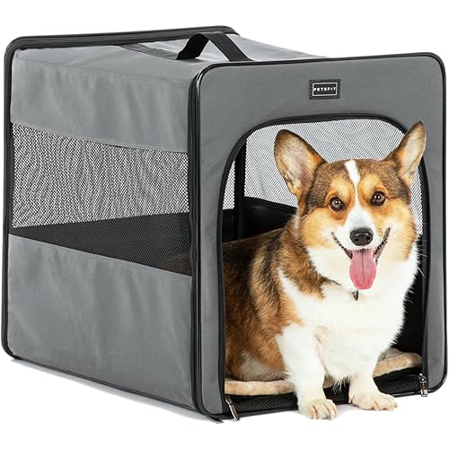 PETSFIT Portable Dog Crate, Travel Dog Crate - 24 Inch with Thicken Mat, Easy to Fold, Sturdy and Portable, Perfect for Traveling, Soft Dog Kennel Grey