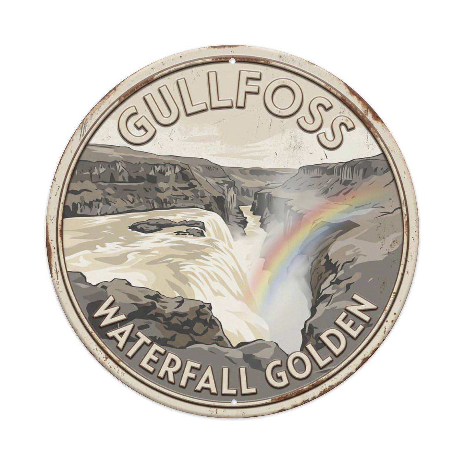 Gullfoss Waterfall Golden Iceland Cascade Metal Tin Sign Plaque Wall Decor for Cafe, Club Bar, Office, Home Garden Round Metal Poster 8x8Inch