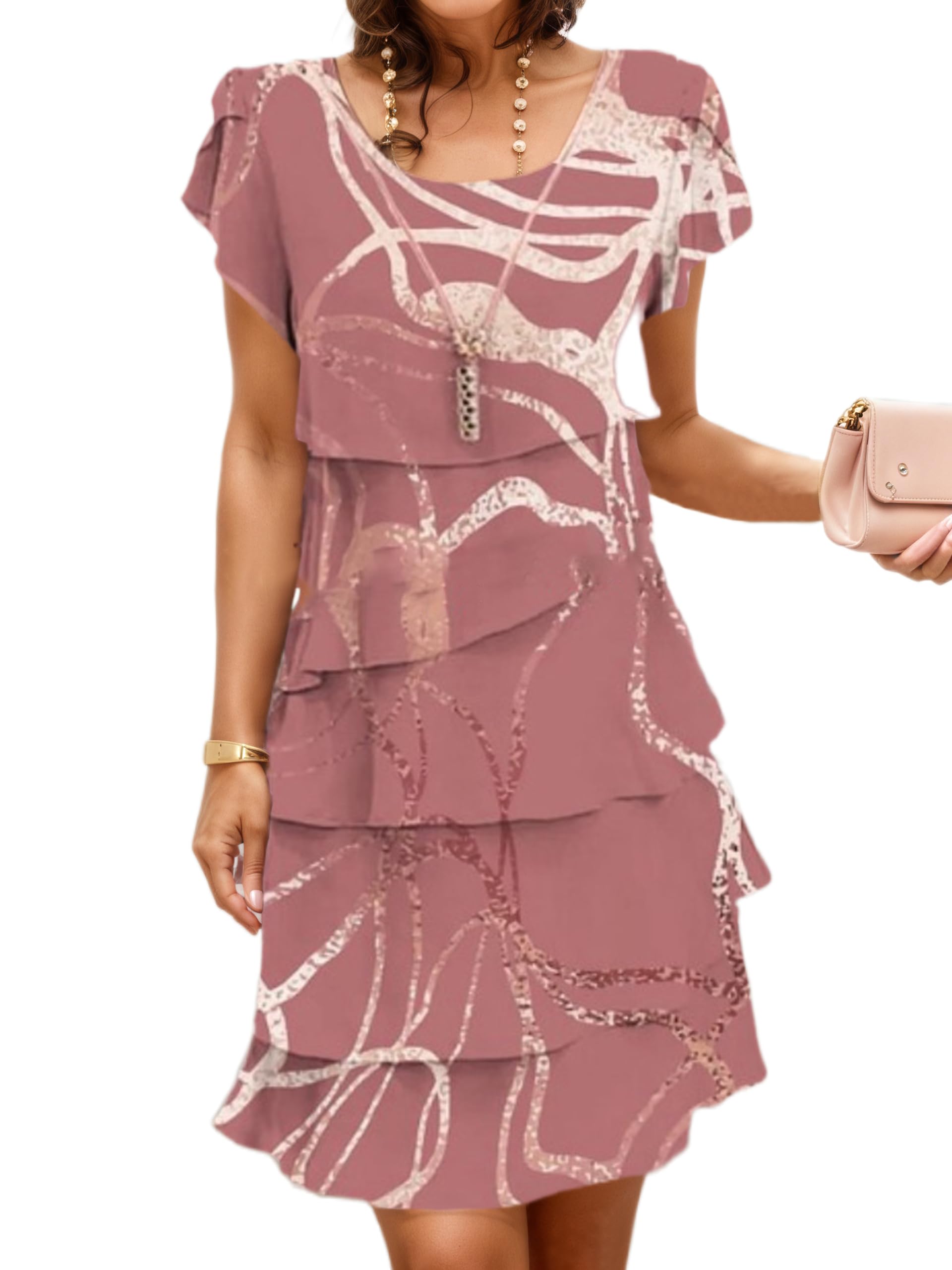 TIAFORD Womens Floral Print Ruffle Tiered Layered Chiffon Midi Dress Summer Flutter Short Sleeve Wedding Guest Dresses