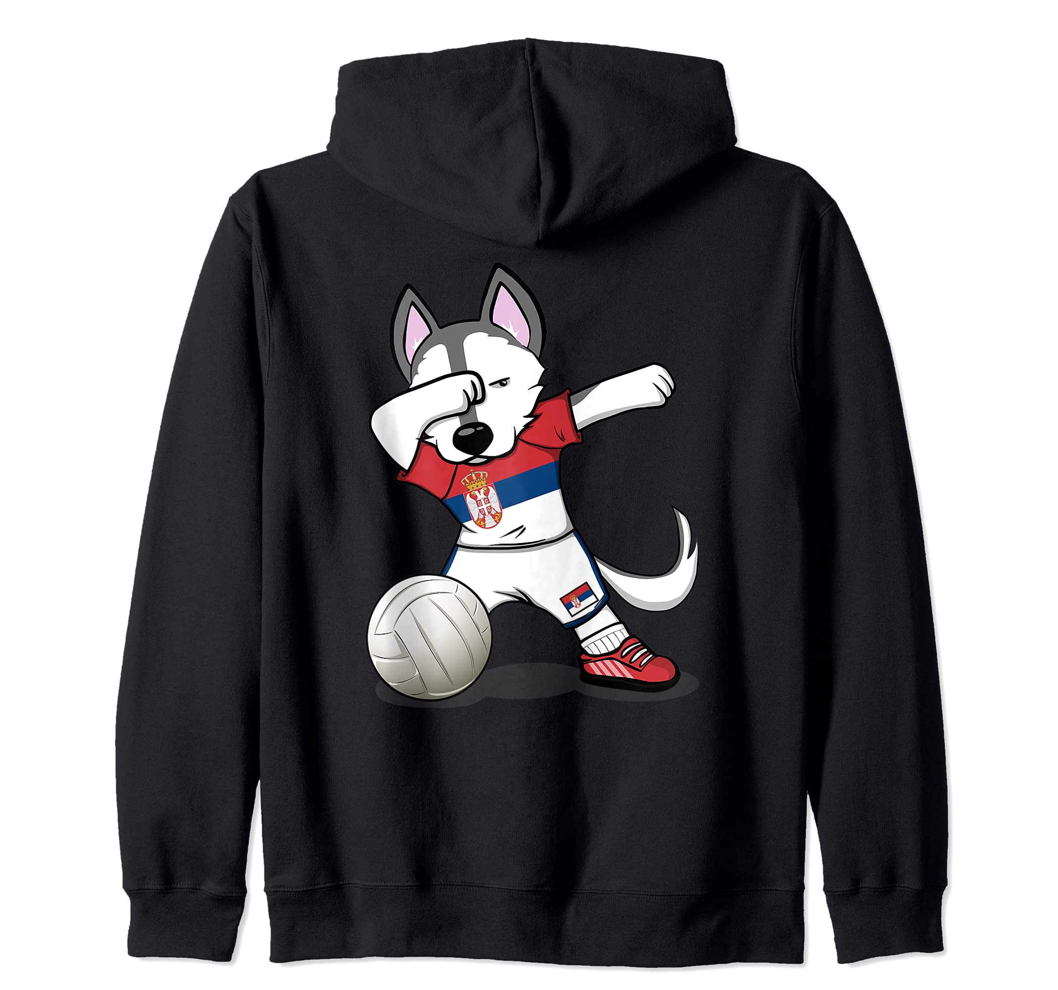 Dabbing Husky Dog Serbia Volleyball Fans Jersey Serbian Flag Zip Hoodie, Black