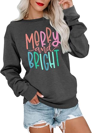 MOUSYA عيد الميلاد تي شيرت النساء Merry Bright رسالة ملونة مطبوعة Sweatshirt عارضة طويلة الأكمام جولة الرقبة قفزة