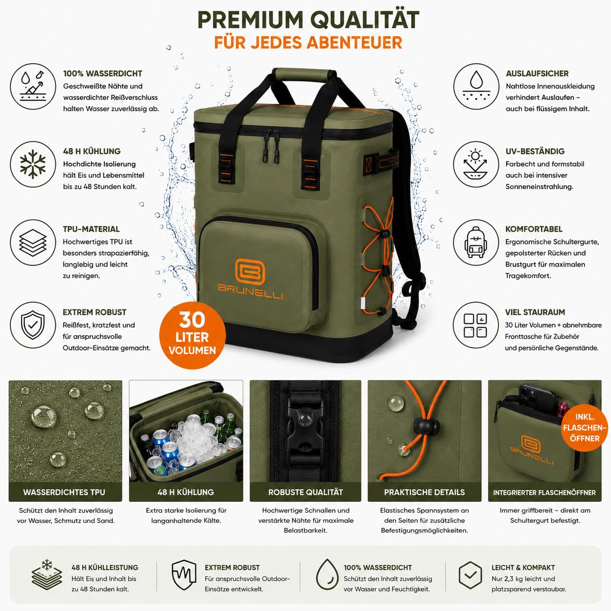 BRUNELLI 25 l torba chłodząca, plecak, wodoszczelna, torba piknikowa, na kemping, torba izolacyjna, oliwkowa