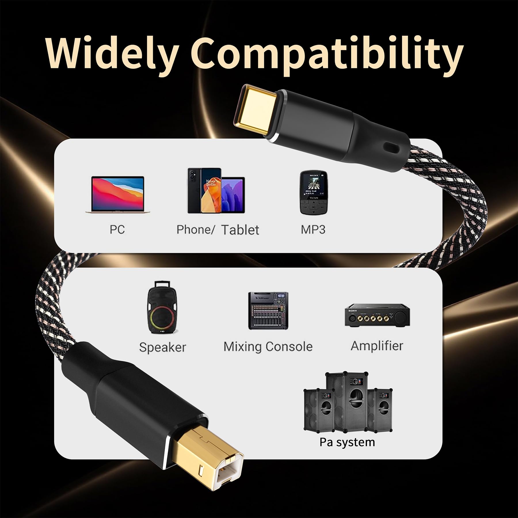 Câble audio USB B vers USB C, câble d'imprimante tressé OFC 6N plaqué or, pour Hi-Fi DAC, amplificateur, contrôleur DJ, audiophiles et amateurs de musique (0,5 m)