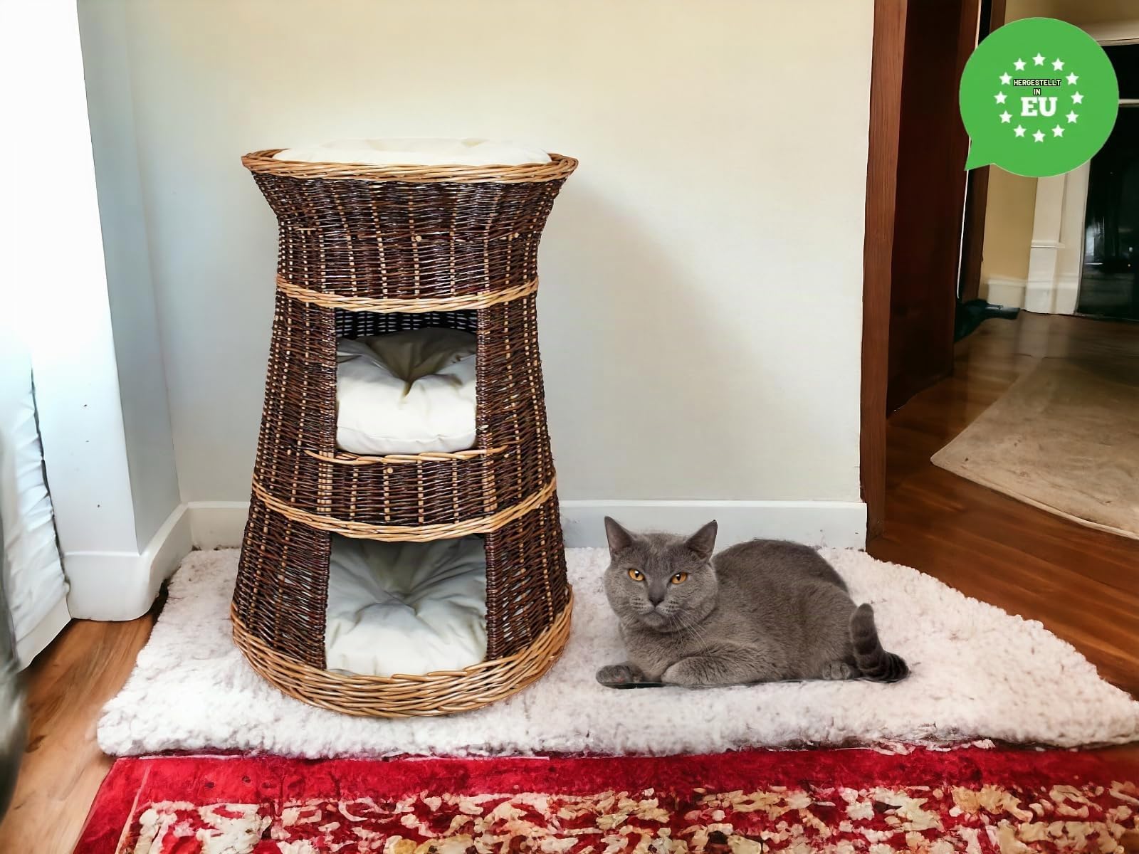 Katzenkorb zum Schlafen – Katzenhütte Indoor – Größe: 43 x 49 x 70 cm rund – Katzenhöhle aus Weide – Dreistufiges Bett für Hunde oder Katzen mit waschbaren Kissen in Ecru – Lackierter Korb