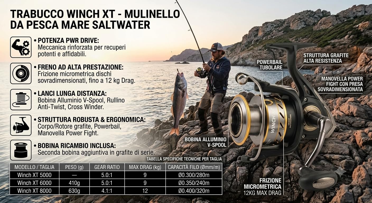 Trabucco Winch XT – Carrete de pesca de mar Saltwater, embrague micrométrico, bobina de aluminio V-Spool, 3+1 rodamientos, bobina de repuesto incluida (tallas 5000, 6000, 8000)