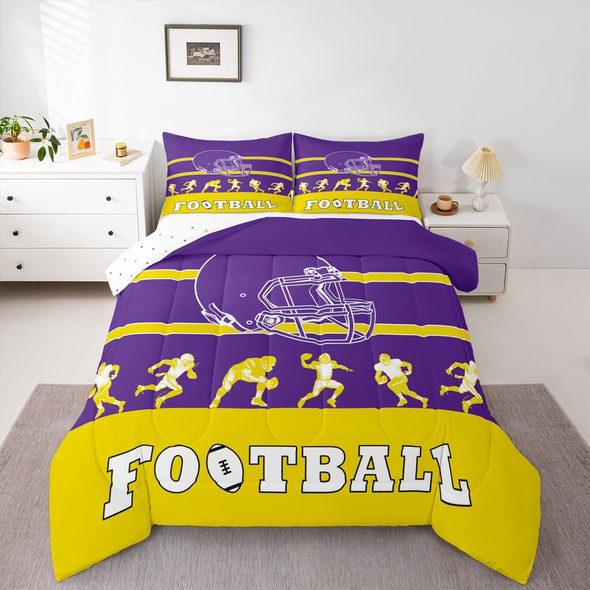 Erosebridal American Football Comforter Twin Size,Football Bedding Set for Kids Boys Girls,Purple Yellow Sports Comforter Sets,Football City Team
