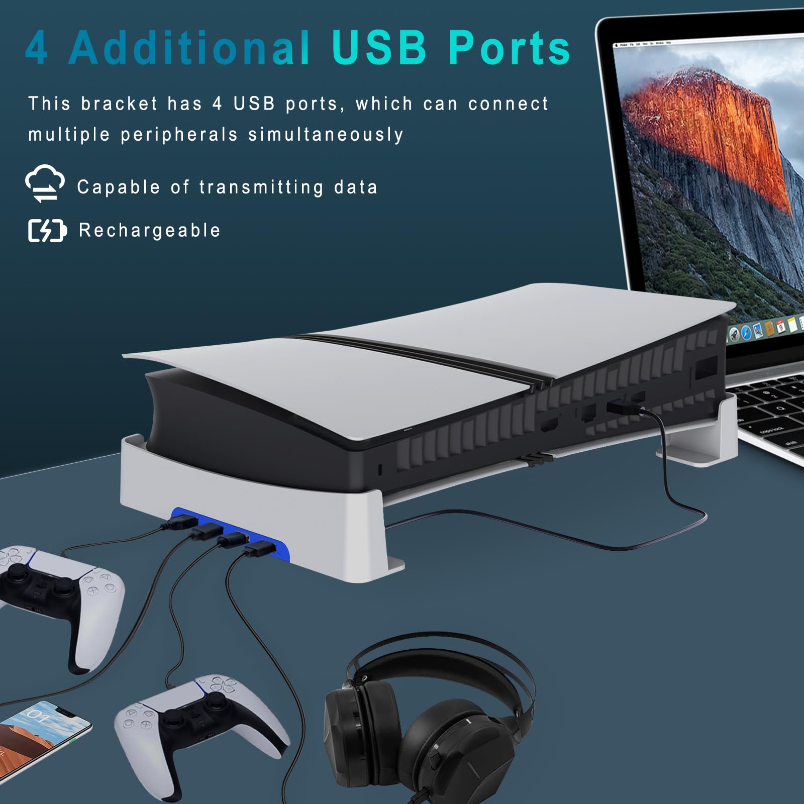 Soporte Horizontal para Consola PS5 Pro/PS5 Slim con Puerto USB Ampliado, Soporte Base de Accesorio para Playstation 5 Pro/ Slim Disc & Digital Edition con Almohadillas Antideslizantes (con USB)