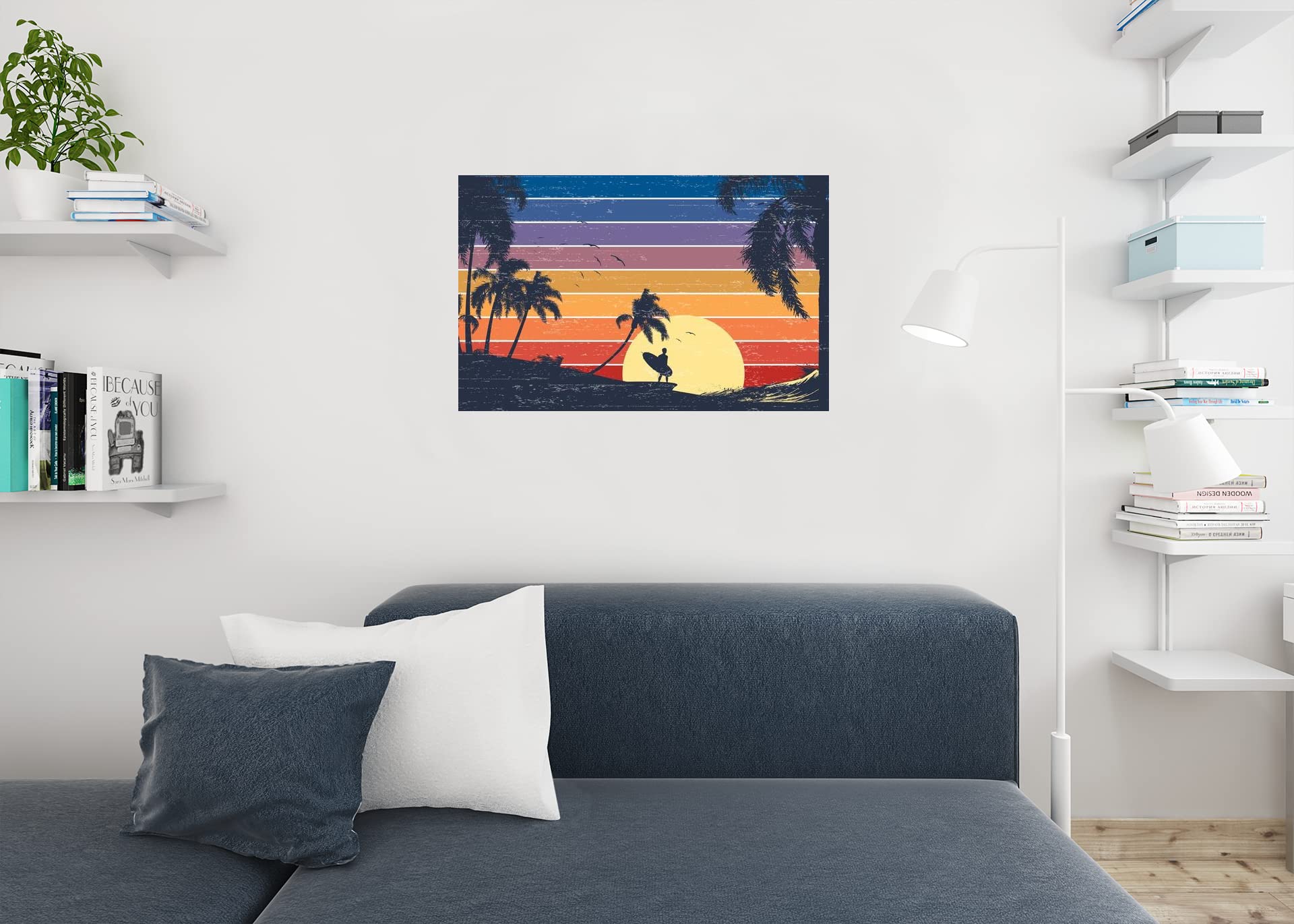 Amazon.com: Retro Surfer Sunset Beach Graphic Palm Landscape