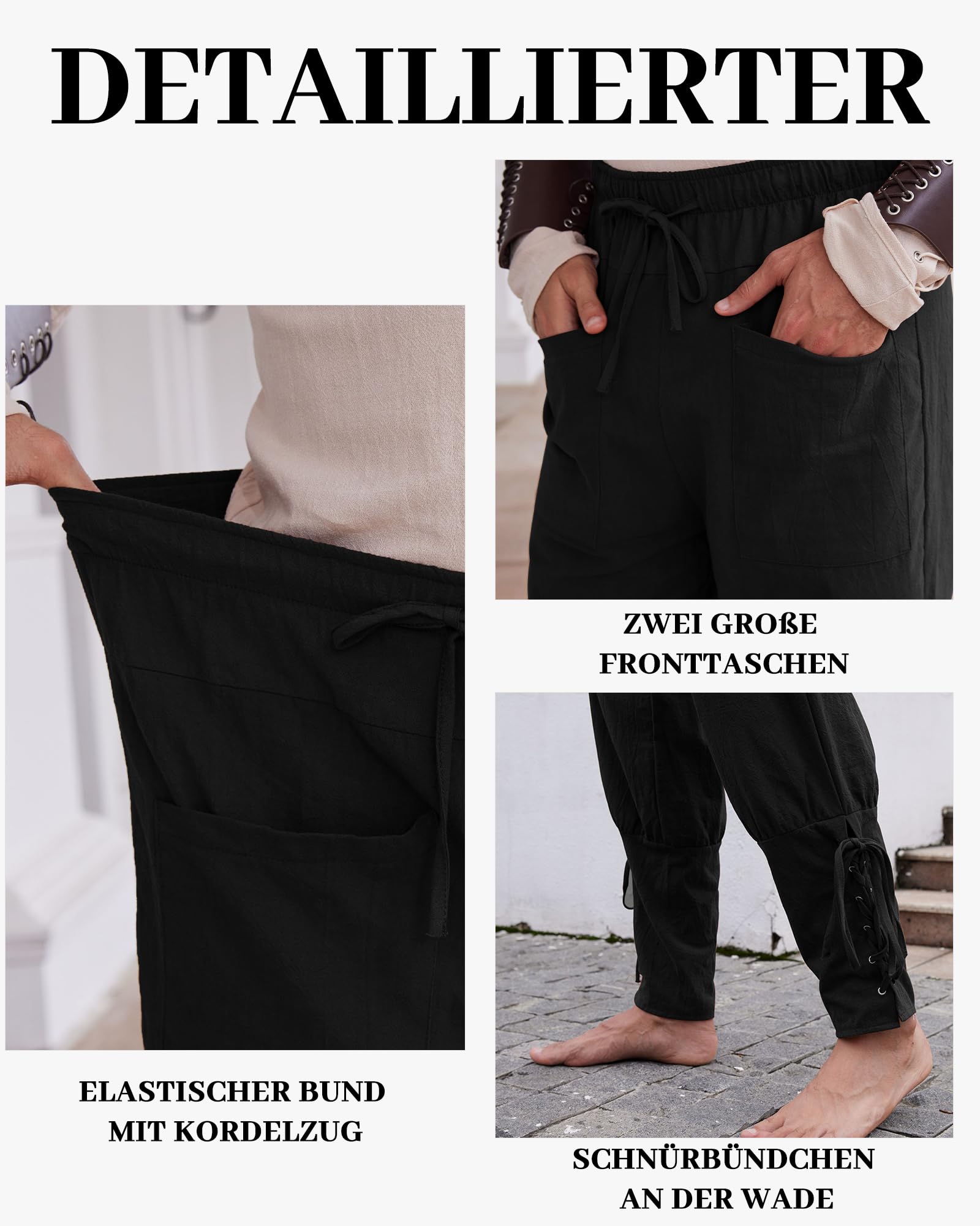 LVCBL Pantalones medievales para hombre, de lino, retro, piratas, con cordones, para el tiempo libre