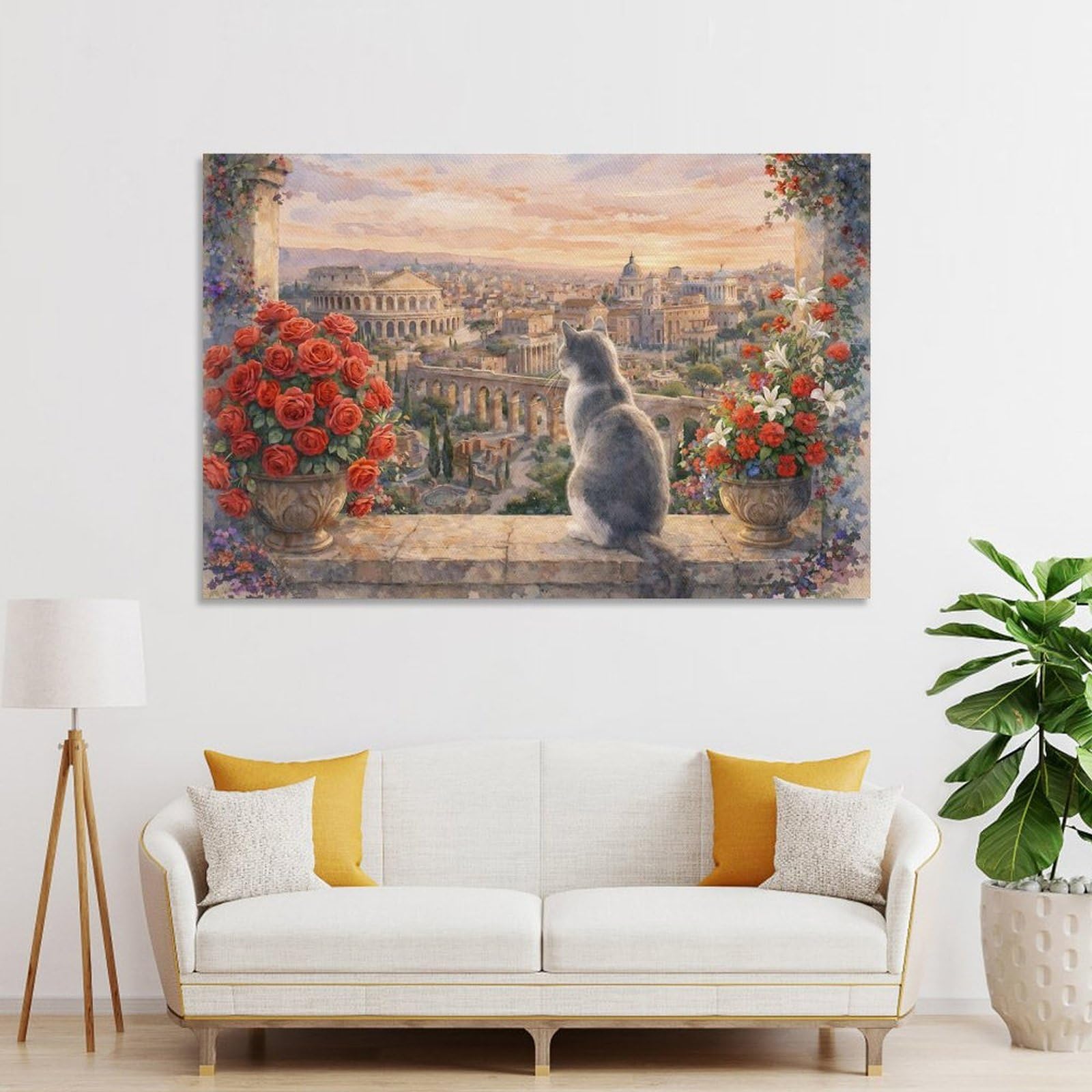 Junmoney Unframe-Style-13 Decorative Canvas Print Cat Overlooking Rome At Sunset, 24X36inch(60X90cm), For Study, Office Or Apartment Decor, Gift Idea For Housewarming And Birthdays