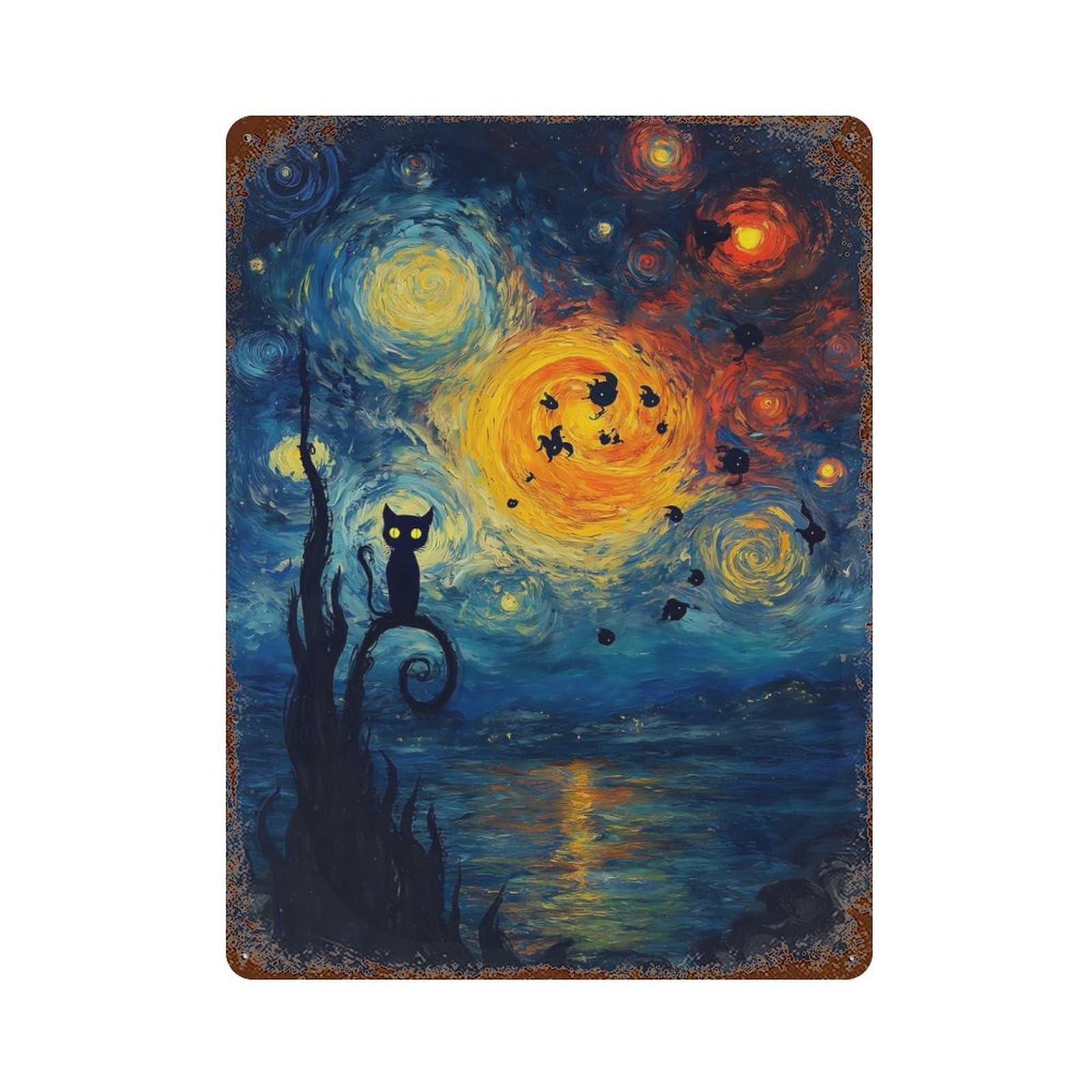 Starry Night Cat Silhouette Decorative Tin Sign 15.7"x11.8", Rustic Home Decor for Garage, Pub Or Kitchen