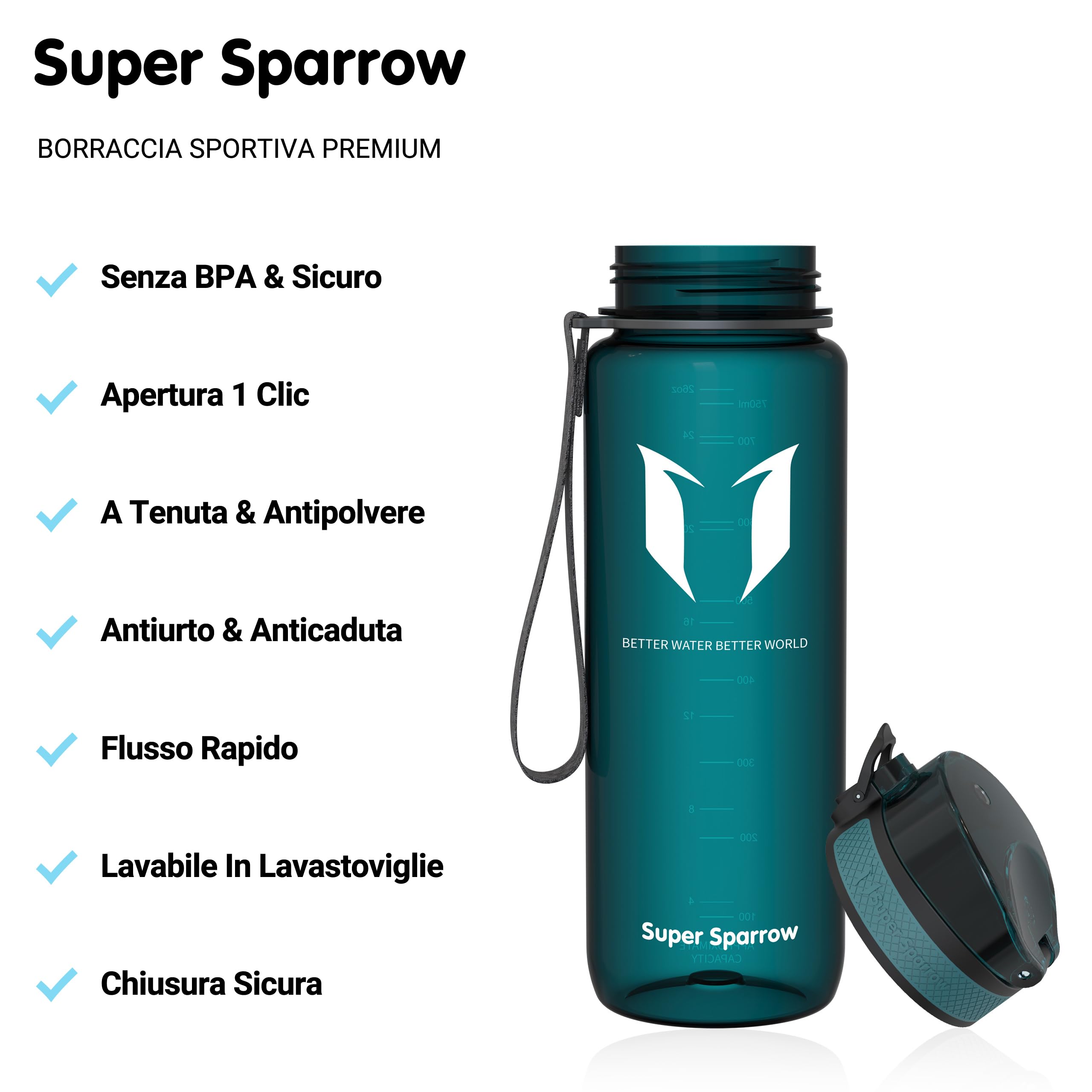 Super Sparrow Borraccia Sportiva & Bottiglia Bambini Senza Perdite - 350ml/500ml/750ml/1L/1.5L - Senza BPA
