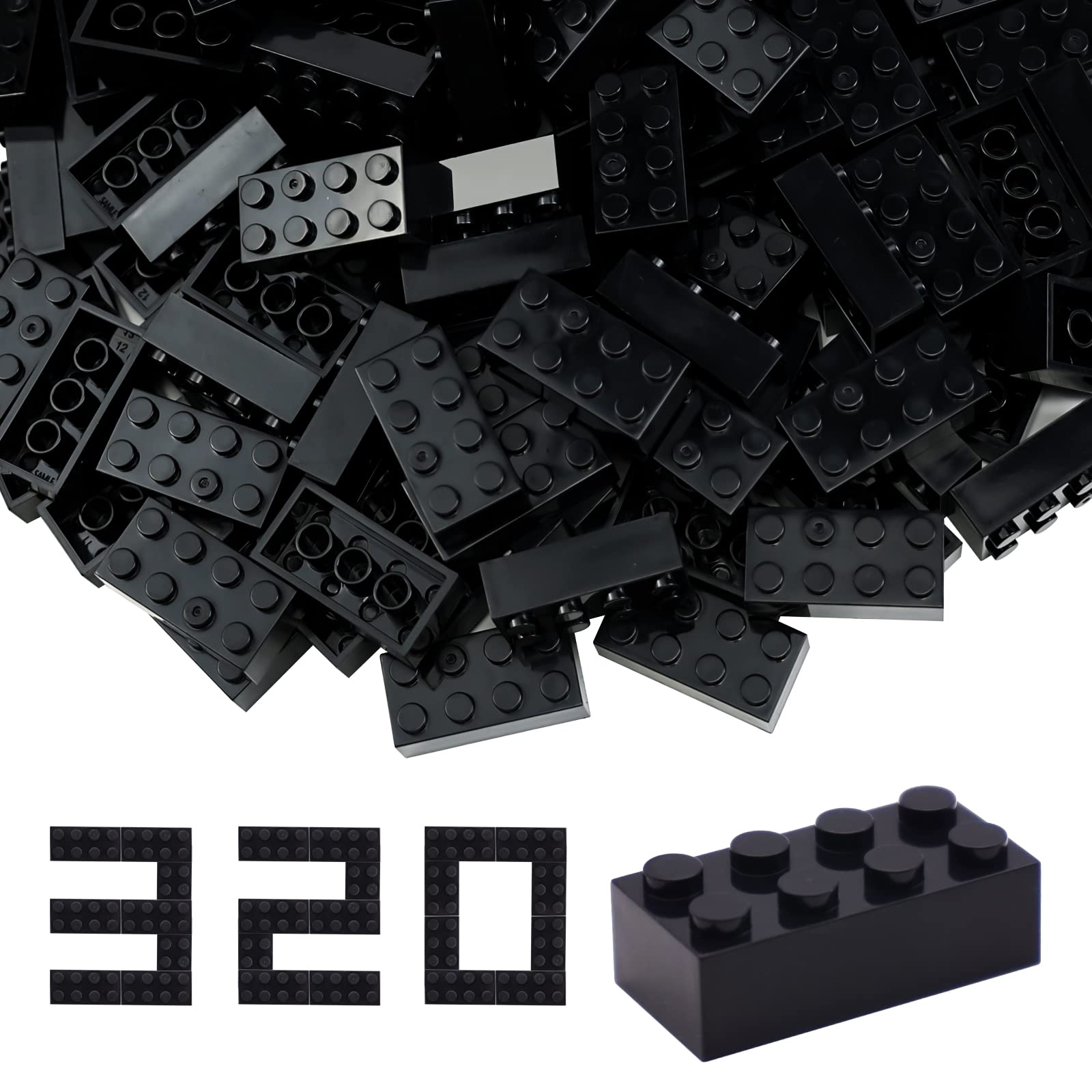 WYSWYG Building Bricks 2x4 Stud 320 Pcs, Black, Classic Building Blocks Set, Compatible with Construction Building Blocks (S082).