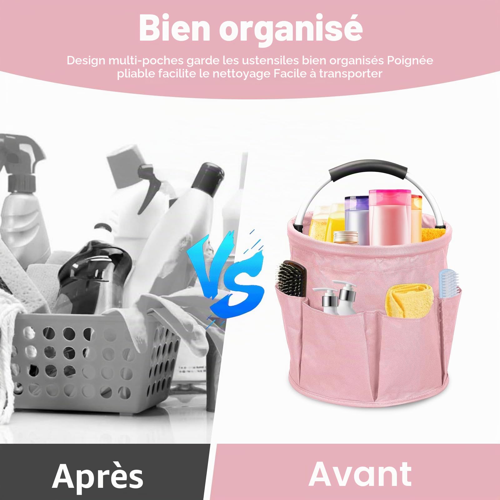 17L Panier pour Produit de Nettoyage, Organisateur de Nettoyage, Panier de Nettoyage avec Poignée et Multi-Poches, Oxford 600D Rangement Produits Menagers pour Jardin, Salle De Bain (Noir)