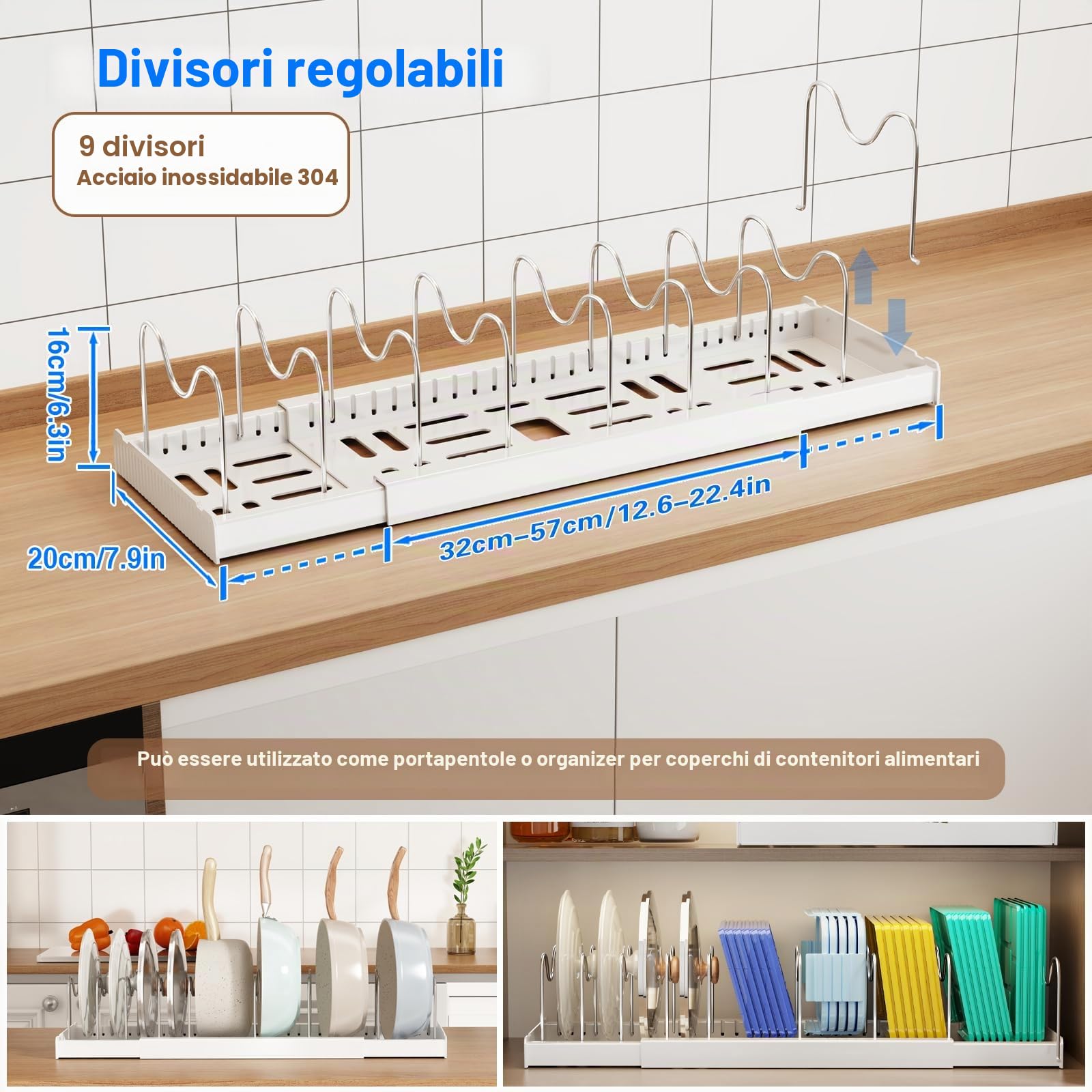 Mustorn Porta Coperchi Pentole Salvaspazio Espandibile, Organizer Pentole E Padelle Portapentole Salvaspazio Portacoperchi Da Cucina Porta Padelle Allungabile Con 9 Divisori Regolabili (Bianco)