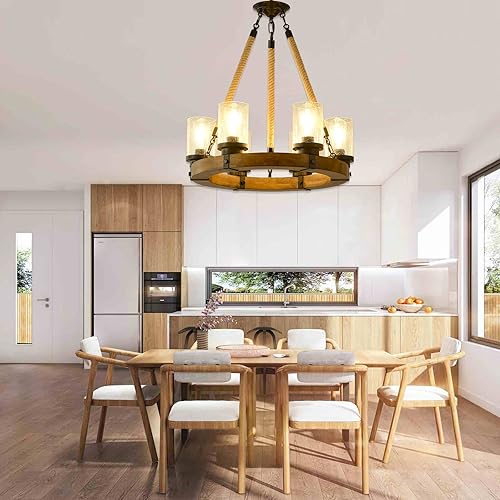 Miniatura 5 de Wagon Wheel - Candelabro de 6 luces para comedor lámpara de madera redonda con pantalla de cristal lámpara de techo colgante rústica para sala de