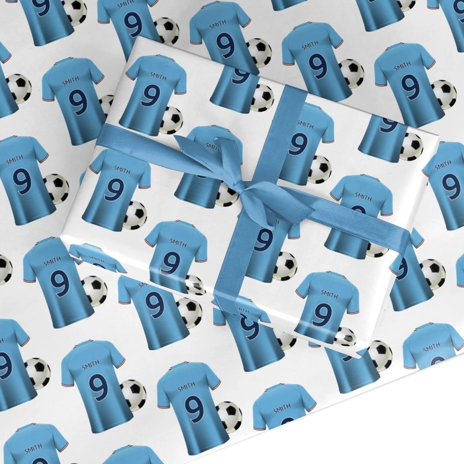 Sky Blue Personalised Football Shirt Wrapping Paper Custom Birthday Gift Wrap - For Him Mens Dad Father's Day Christmas Boys Kids Adult - Any Name & Number - 3 Sheets (50cm x 65cm each)