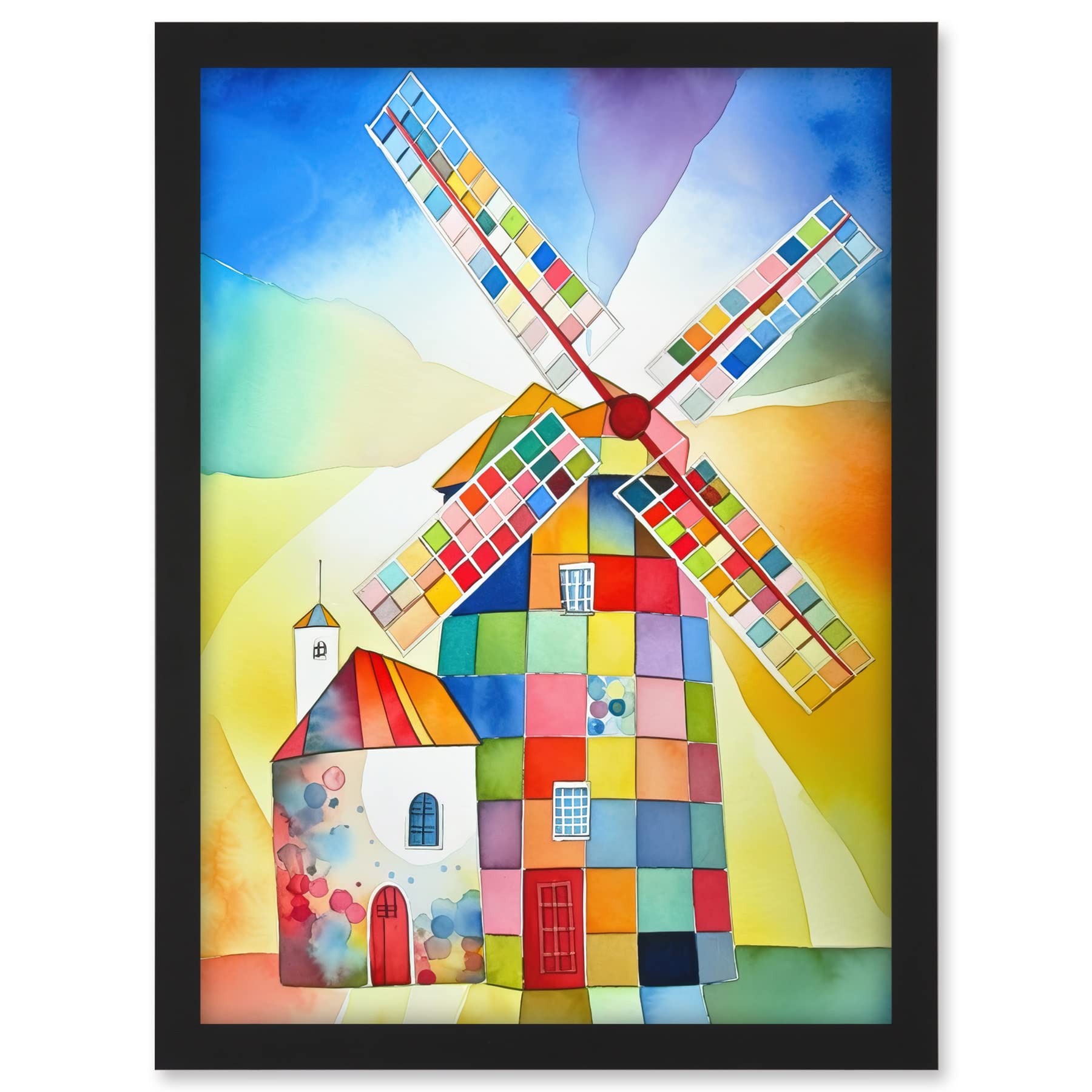 Artery8 Abstract Patchwork Windmill Old Amsterdam Folk Art Artwork Framed A3 Wall Art Print