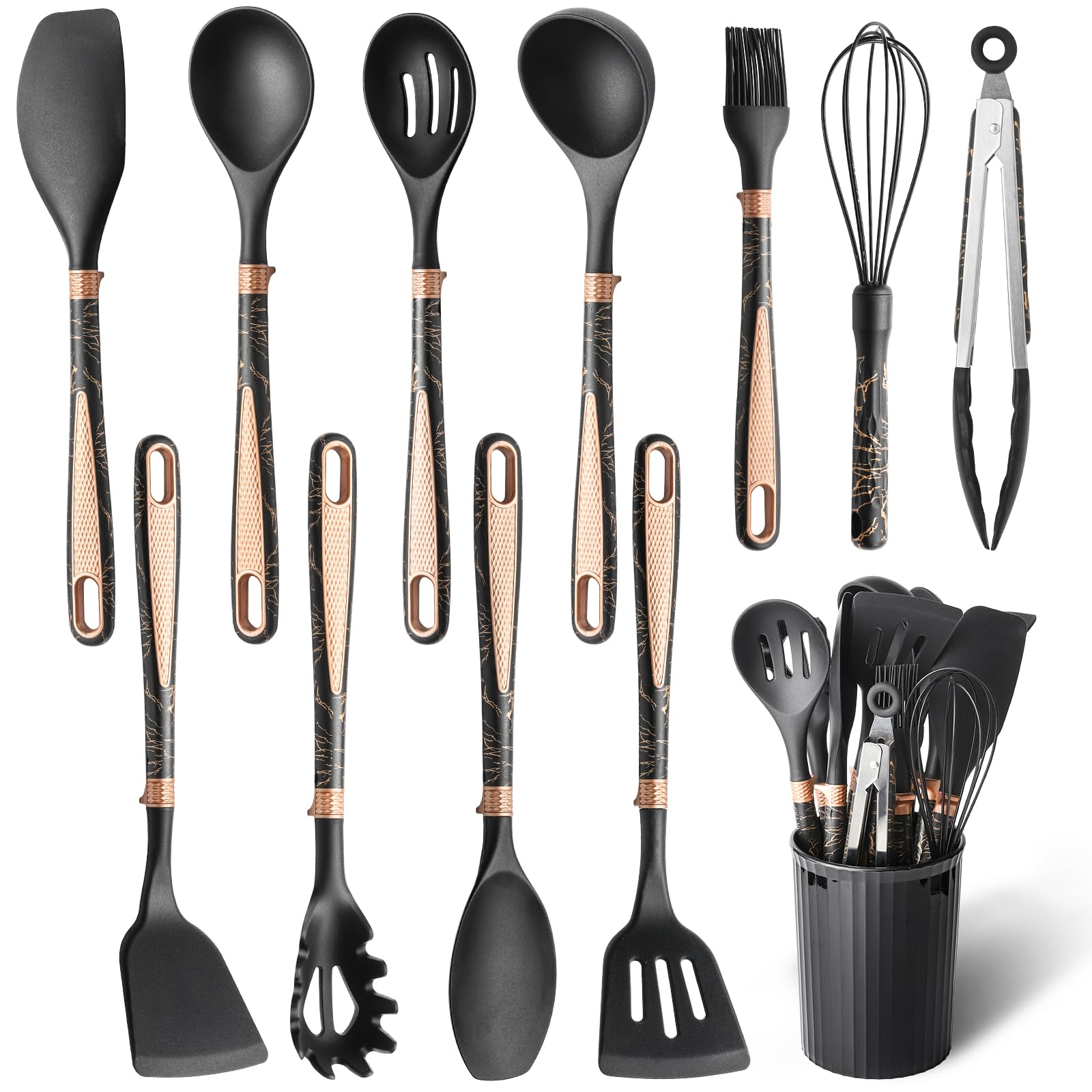 12-teiliges Silikon-Küchenutensilien-Set mit langlebigen Küchenutensilien, hitzebeständiges, antihaftbeschichtetes Kochgeschirr, Essentials mit Griffen und Halter, Küchenhelfer für Kochgeschirr,