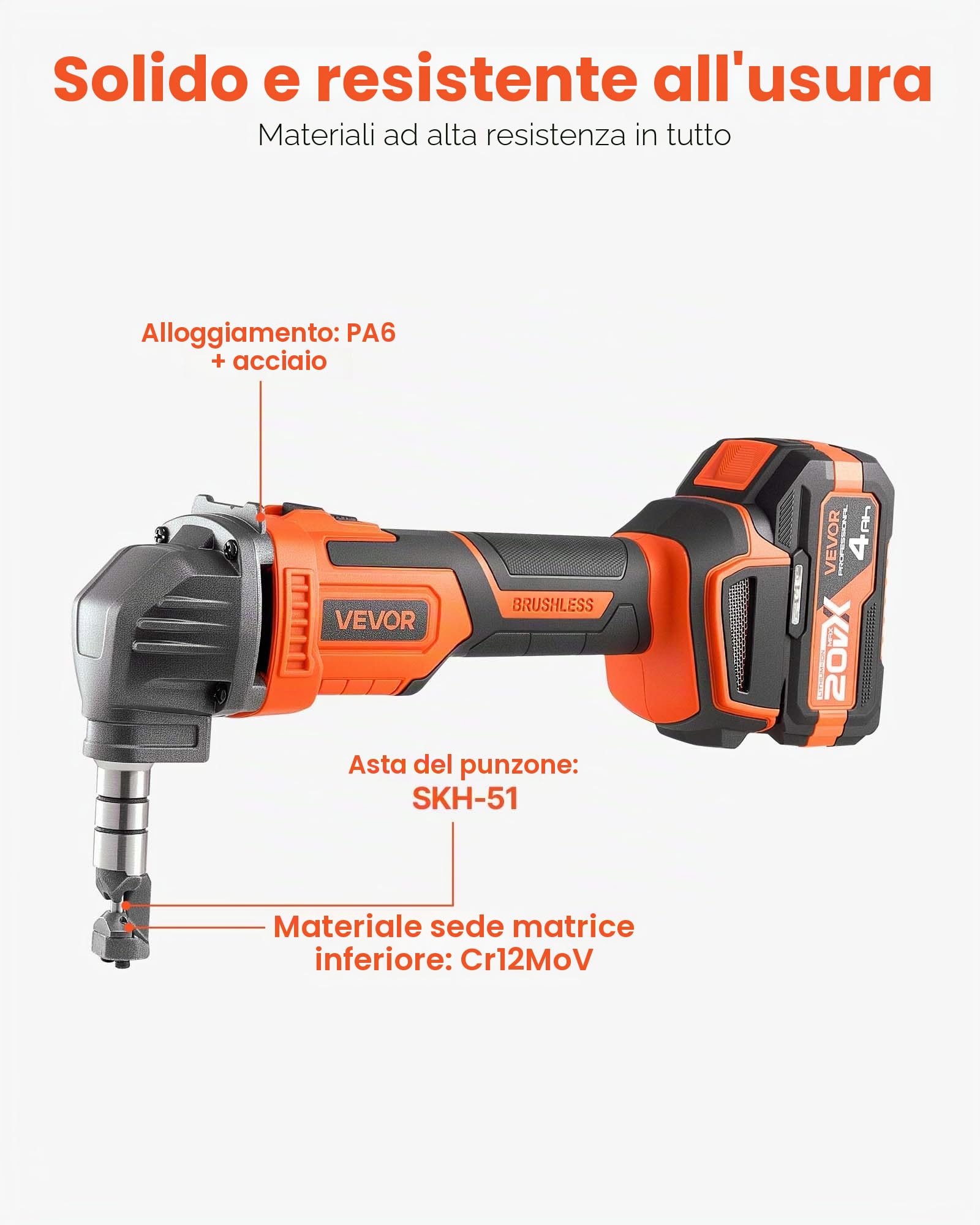 VEVOR Roditrice per Lamiere Senza Fili con Batteria da 20 V 4000 mAh, Motore Brushless da 2200 giri/min, Taglierina Elettrica per Lamiere con Custodia in Plastica per Taglio di Acciaio Alluminio