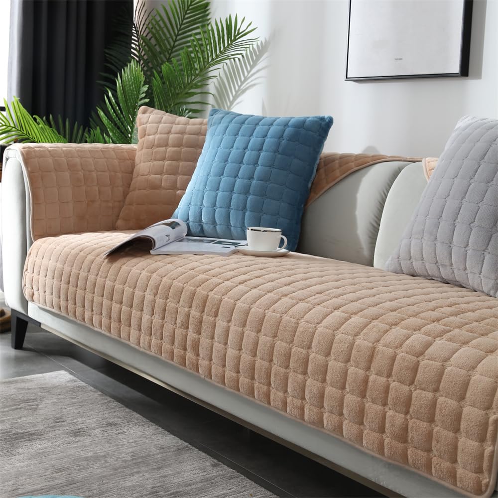 QIAQ Soft Velvet Sofa Covers Washable - Universal Non-Slip Sofa Cushion Covers 1 2 3 4 Seater Couch Covers for Sectional Sofa (70x150 cm,Beige)