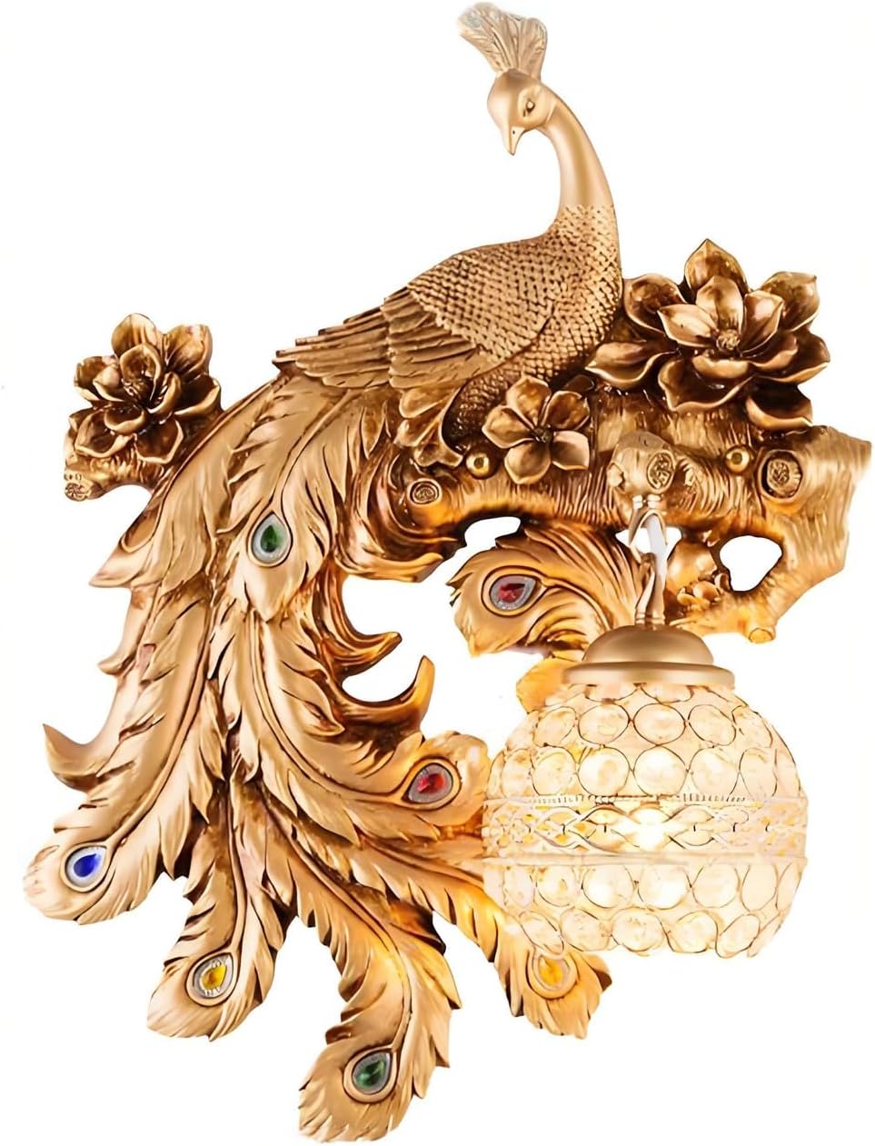 Peacock Wall Sconces, Creative Animal Wall Light Fixture with Crystal Globe Shade, 17.3'' Retro Antique Art Decor Wall Lamp, Gold Peacock Wall Mount Light for Living Room Hallway