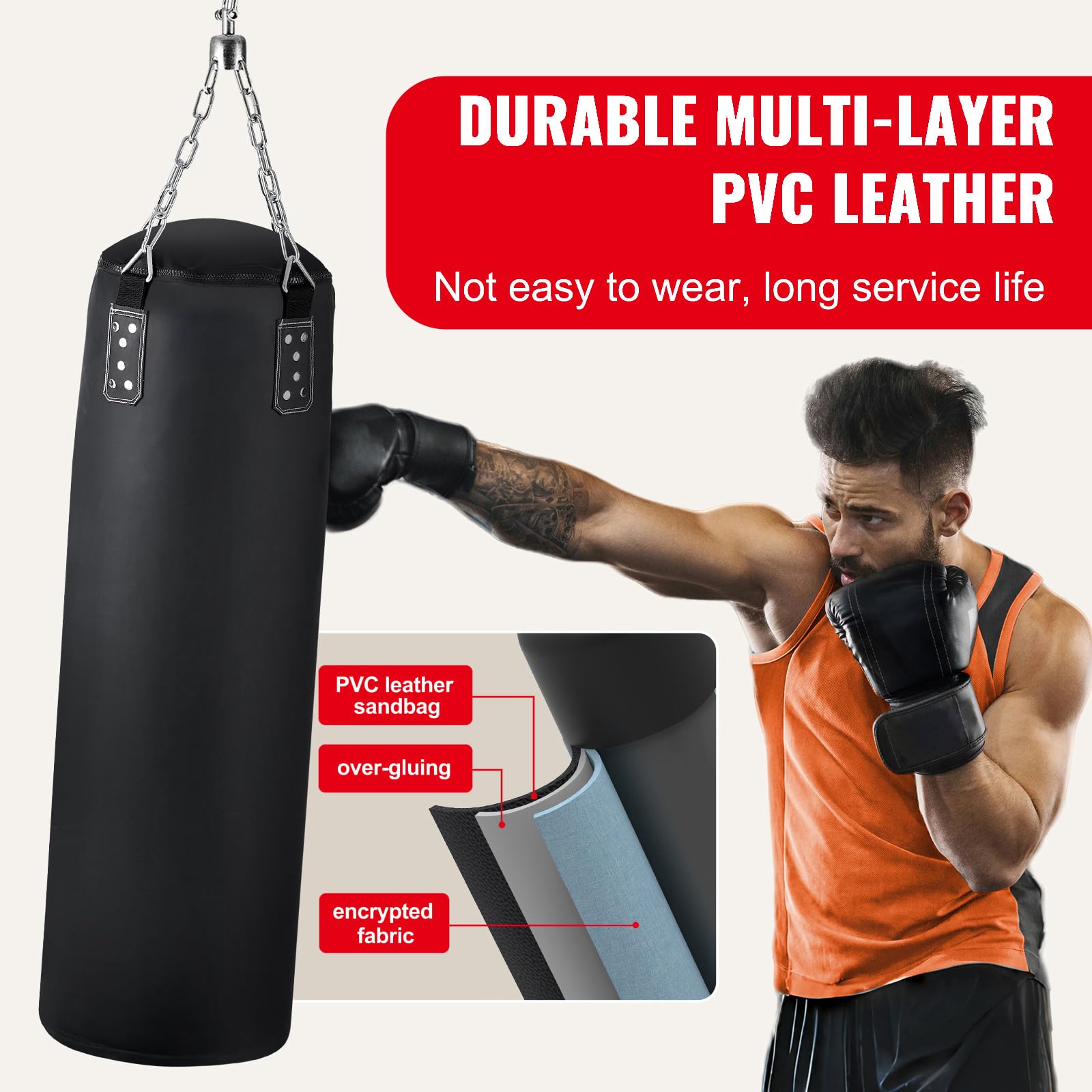 Happybuy 4ft PVC Punching Bag Set, Heavy Boxing Bag with Chains & Gloves, Unfilled, for MMA, Muay Thai, Kickboxing, Karate, Judo, Home Gym Training