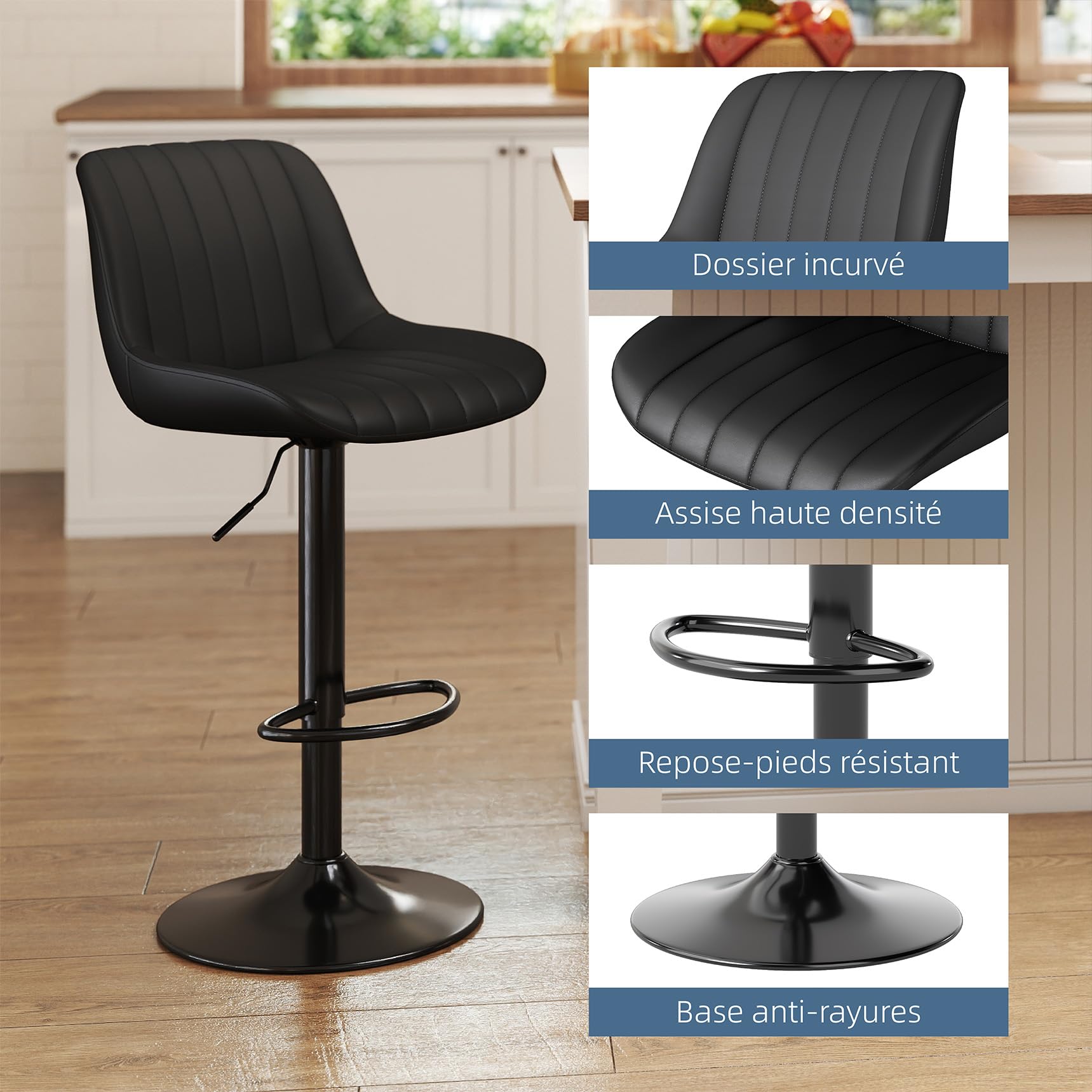 Youhauchair Tabouret Bar, Tabouret de Bar Lot de 3, Chaise de Bar Pivotants avec Dossier, Tabourets de Bar Réglable en Cuir PU, Chaise Haute Bar Moderne, Noir