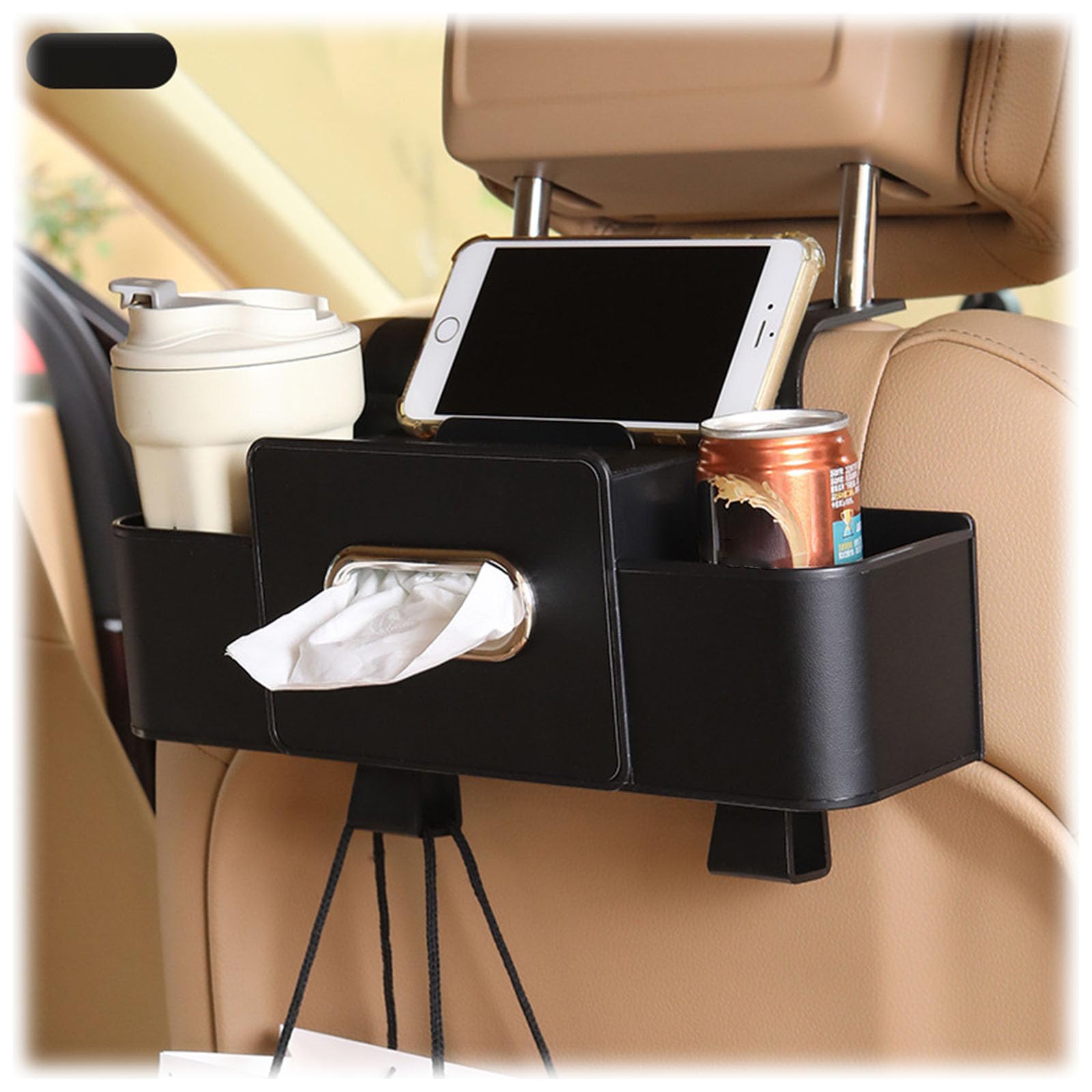 Car Multifunctional Seat Back Waterproof Storage Bag, Universal Headrest Hanging Seat Back Storage & Tissue Box, Automotive Backseat Snack Organizer Cup Holder Tray for Most Vehicle (Black)