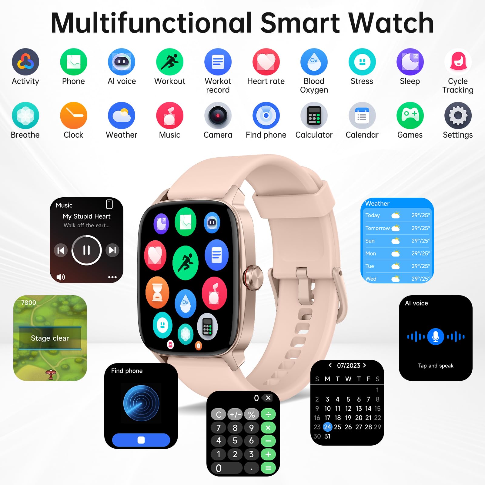 Smart Watches for Women Men with Bluetooth Call & AI Voice, 1.85" HD Fitness Tracker with Heart Rate SpO2 Sleep Monitor, 100+ Sports Modes,Mini Games, IP68 Waterproof Smartwatch for Android iOS Phones