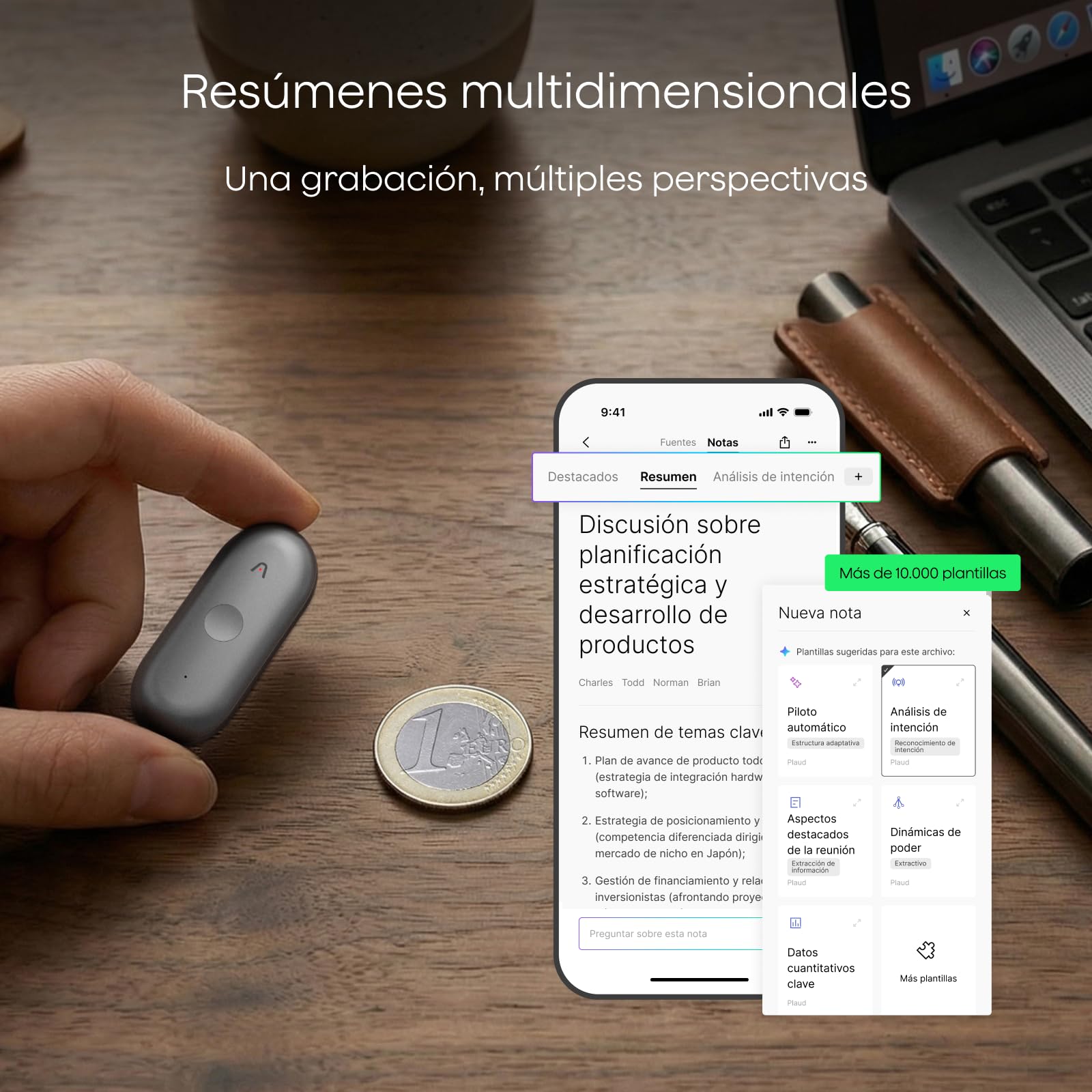 Plaud NotePin S Grabadora de Voz IA con botón de grabación táctil Transcripción IA Resúmenes Tomar Notas Transcripción Resumen IA para Reuniones Llamadas Entrevistas Charlas Clases con 4 Accesorios