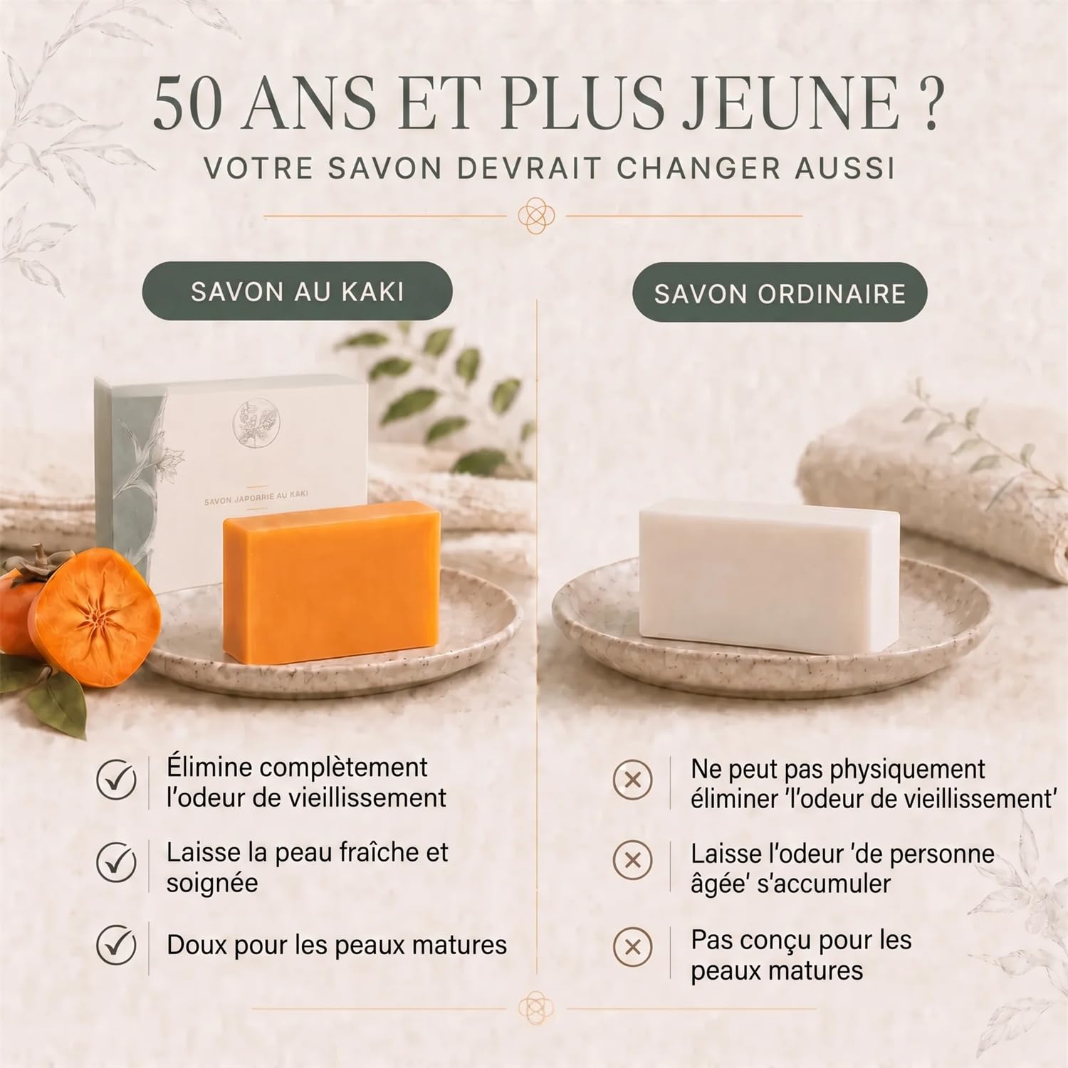 Savon Purifiant au Kaki Original – Savon Naturel, Déodorant Doux, Hydratant Visage & Corps, Soin Peau Mature & Sensible
