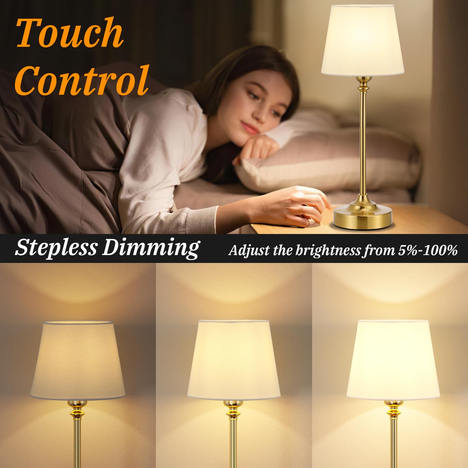 Tischlampe Kabellos 2er Set, Touch LED Nachttischlampe Akku, Stufenlos Dimmbar, Weißer Leinenschirm, Wiederaufladbar Lampe mit USB-C Anschluss für Nachttisch Esszimmer Wohnzimmer(Messing)