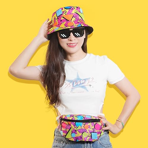 Miniatura 6 de Riñonera de los años 80 y 90 para mujeres y hombres, cangurera de neón, sombrero de los años 90, traje casual retro para disfraz de los años 8090,