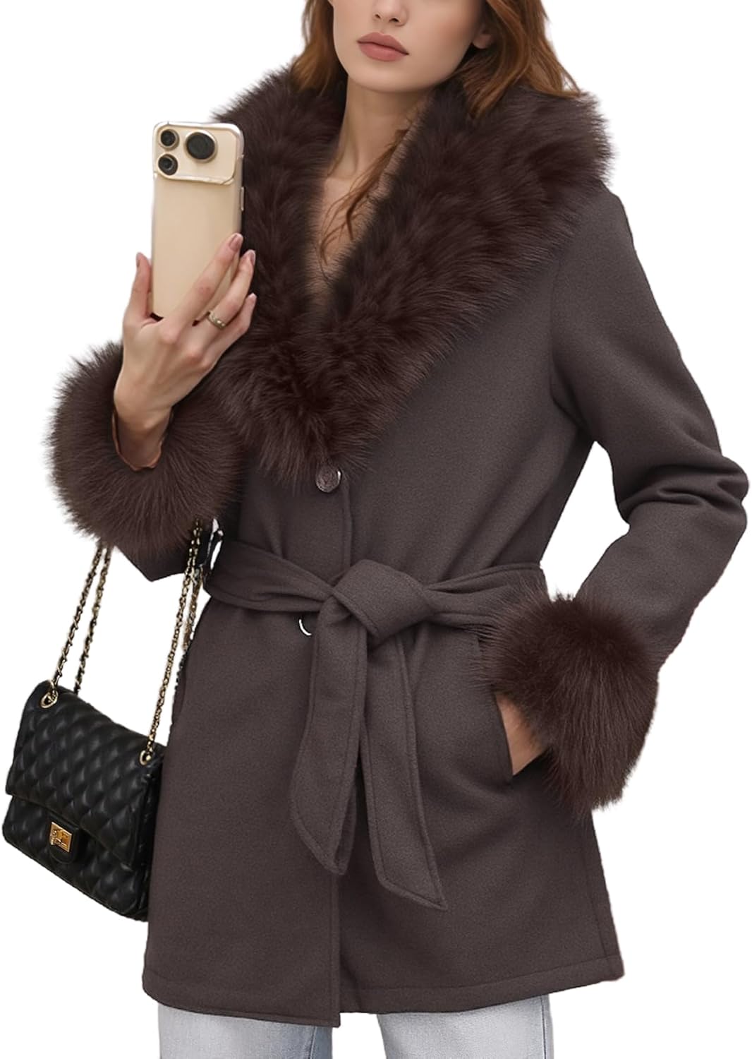 Women Faux Fur Trench Coat Winter Mid Length Fleece Lined Pea Coat Belted Jacket with Fur Collar