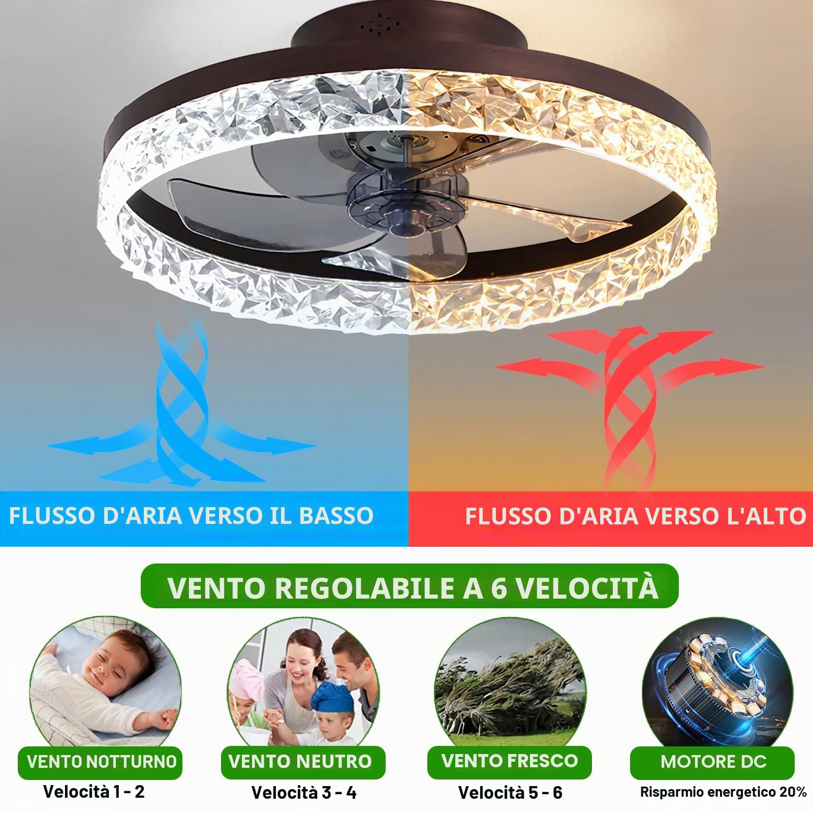 Ventilatori da soffitto con illuminazione Telecomando, Moderno Lampada da soffitto LED Dimmerabile Lampade per Camera da letto Soggiorno, Ventilatore reversibile E 6 Vento (Oro, 50CM)
