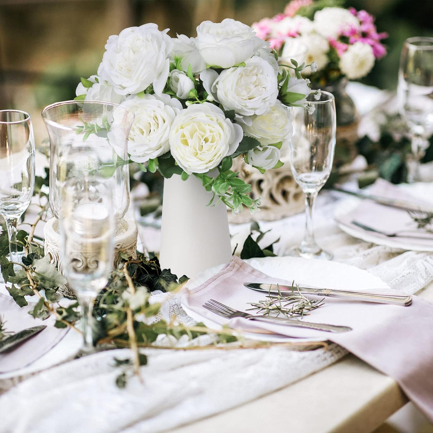 RECUTMS 2PCS Faux Peonies in Ceramics Vase Artificial Flowers Bulk Silk Fake Bouquet Floral Arrangements Centerpieces Decor for Mother's Day Home Table Wedding(White) - Image 3