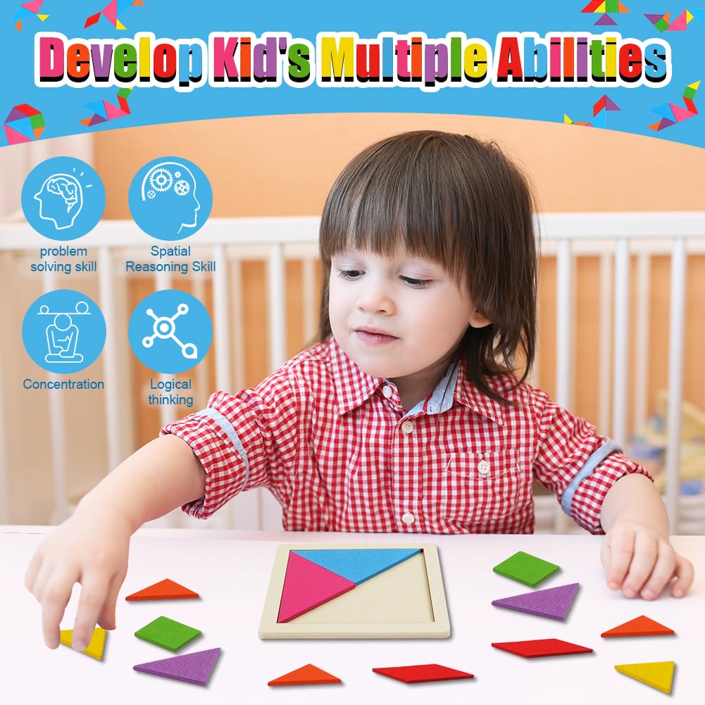 Ainiv Set di 32 Gioco Tangram in Legno, Tangram Gadget, Compleanno Regalini, Giocattoli Educativi Tipo Montessori Compleanno Puzzle, Bomboniere Natalizie per Bambini e Bambine