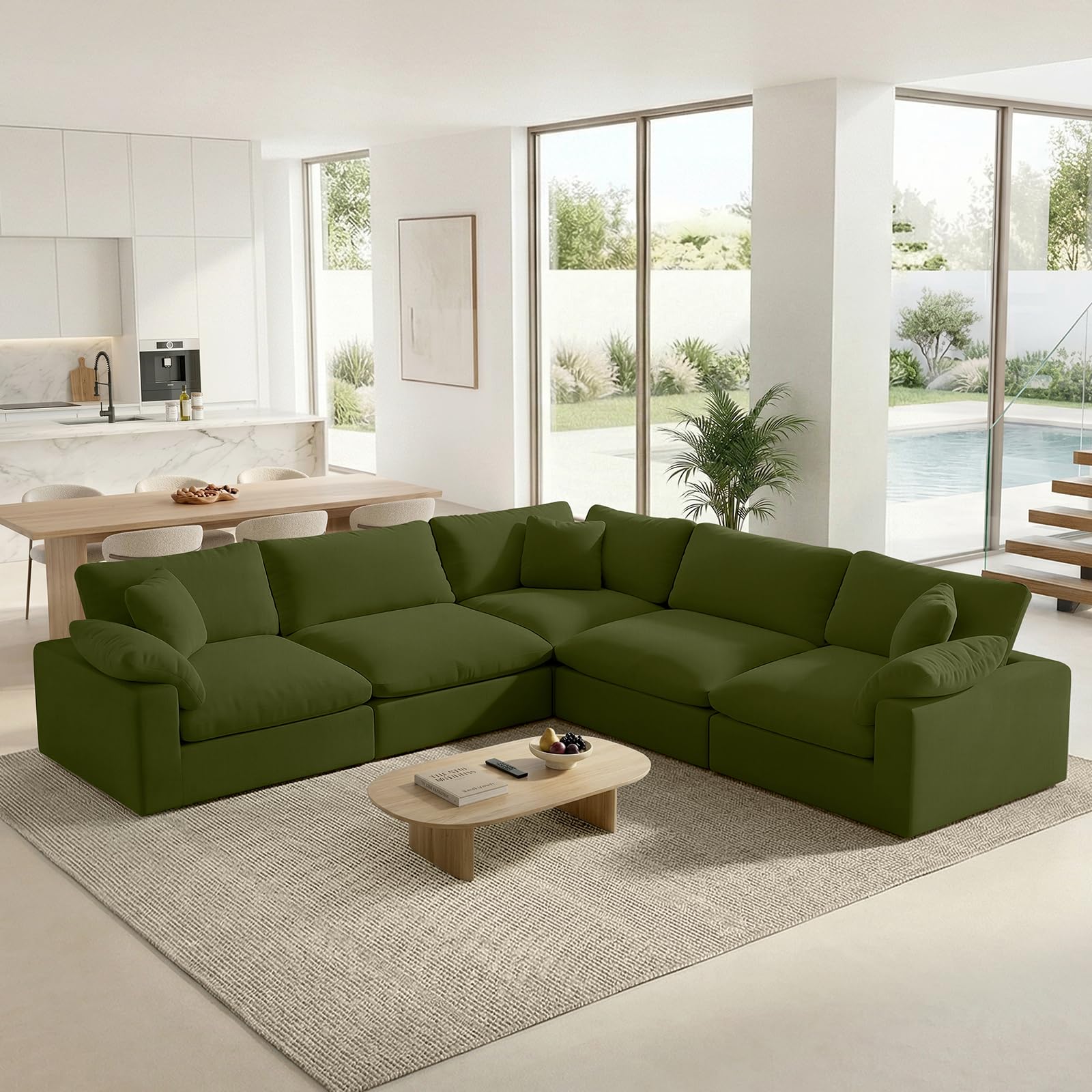 211.6" Cloud Modular Sectional Sofa,Green Down Filled Sofa 5 Seat,Minimalist Sofa Cover Washable and Replaceable Couches for Living Room,Sectional Sofa Deep Seat