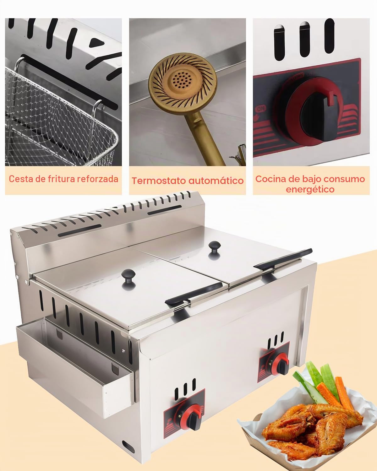 Freidora de Gas Profesional 20L Doble Tanque en Acero Inoxidable de Alta Capacidad con Cesta para Patatas - Para Restaurantes, Cocinas Domésticas y Quioscos