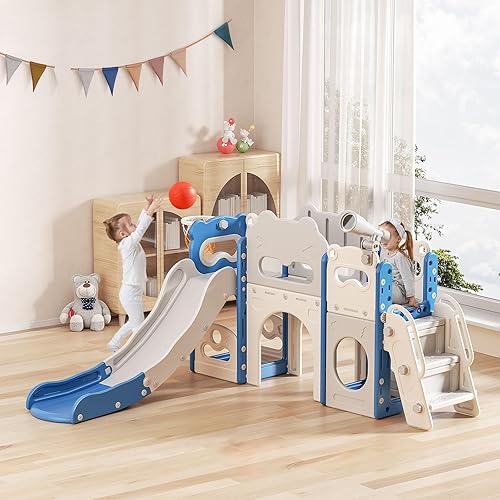 Lischwert Tobogán infantil con escalador, juego de patio interior para niños pequeños, juego al aire libre con aro de baloncesto, túnel y espacio de
