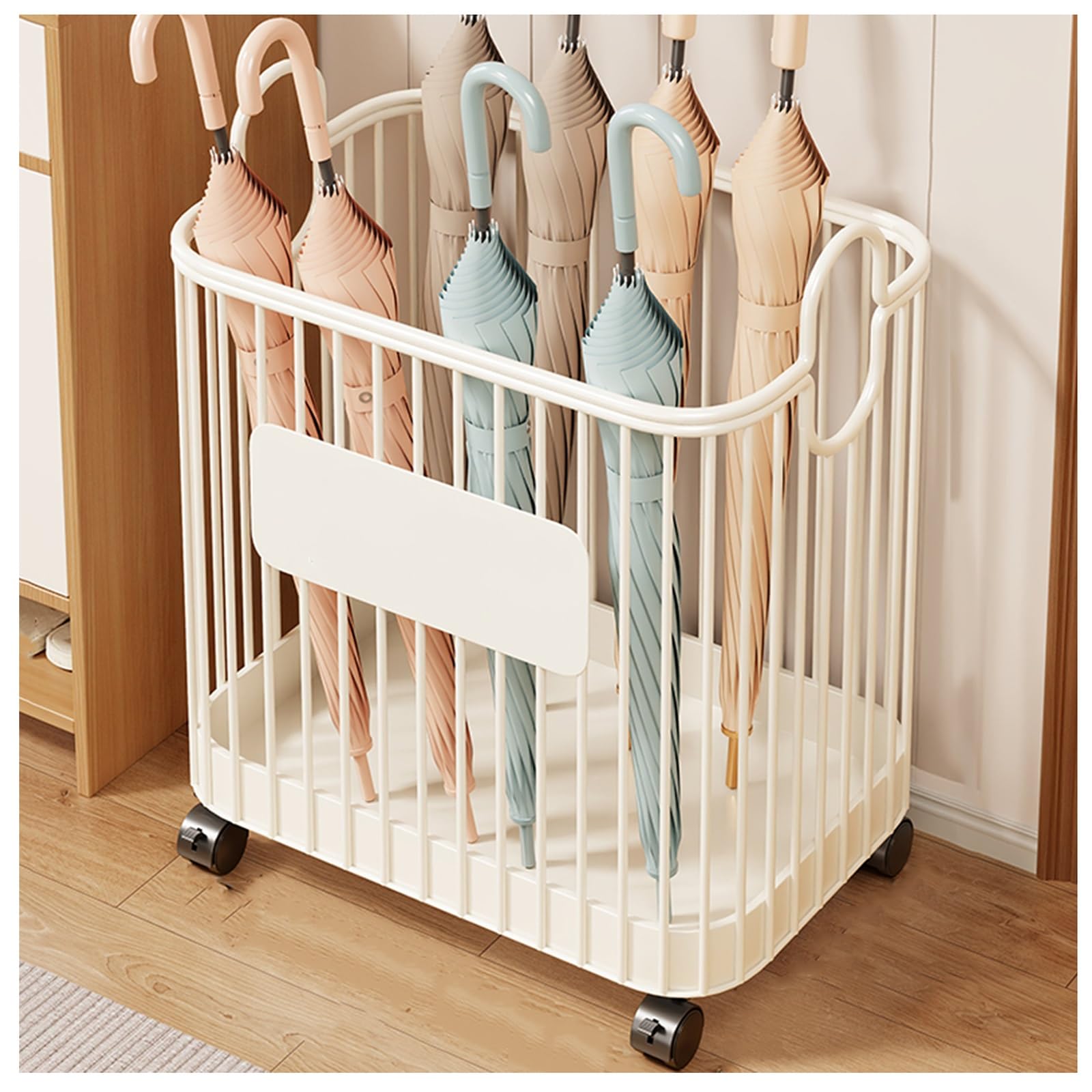 Porte-parapluie mobile en métal creux avec plateau amovible