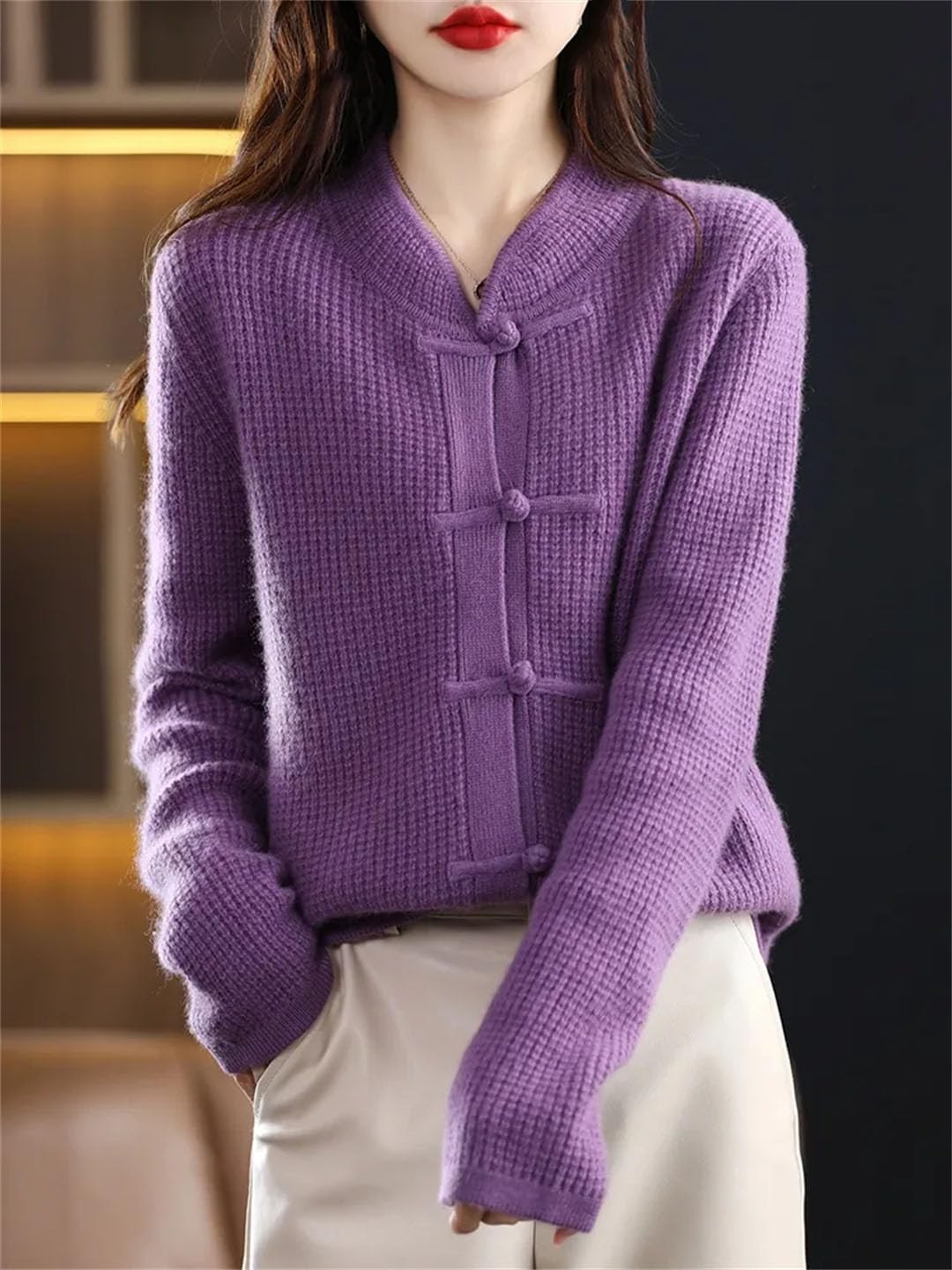 Alloaone Cárdigan De Lana para Mujer Chaqueta De Cachemira Tejida con Cuello Medio Alto Informal