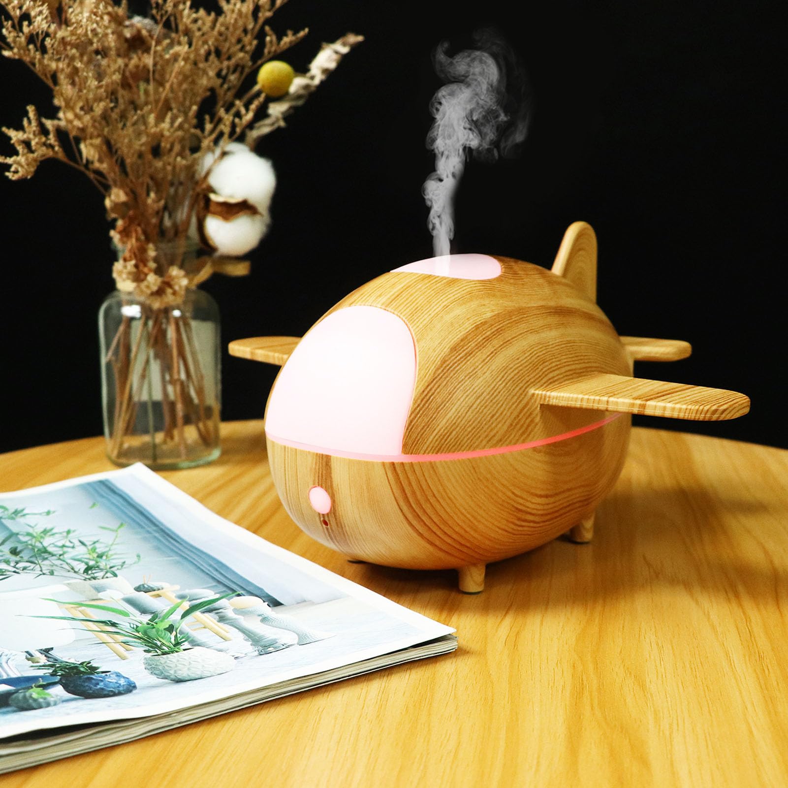 Asixxsix Umidificatore con Base in Venature del Legno, a Forma di Aeroplano